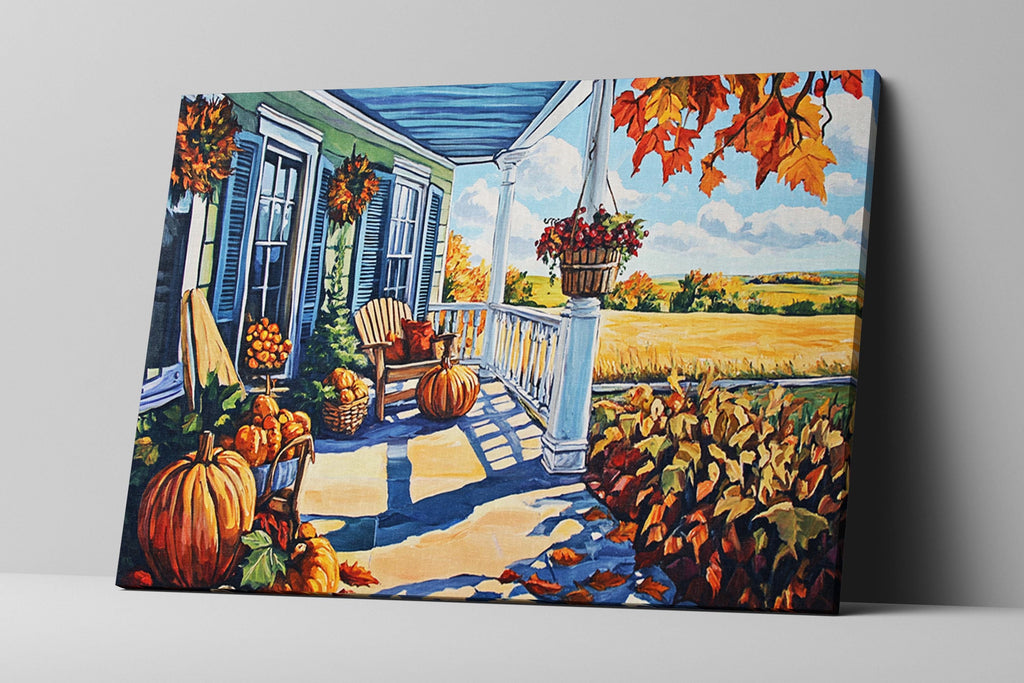 The image is a painting depicting a porch with a blue roof, white columns, and a railing. The porch is decorated with pumpkins, gourds, and other fall-themed items. The painting features a vibrant autumn landscape with a field, trees, and a blue sky with clouds.
