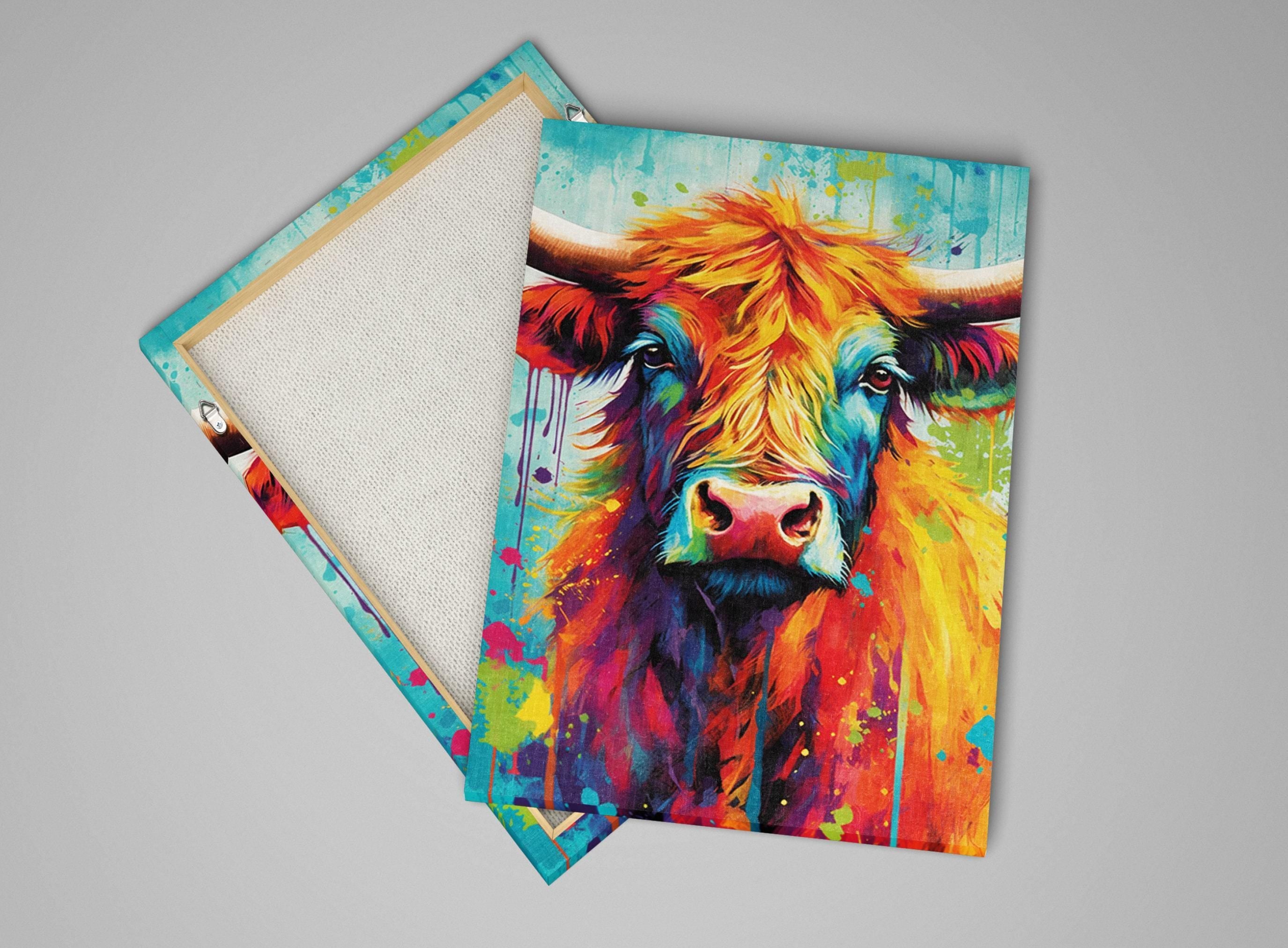 Highland Cow Painting – Watercolor Canvas Print | Colorful Cow Art on Large Canvas