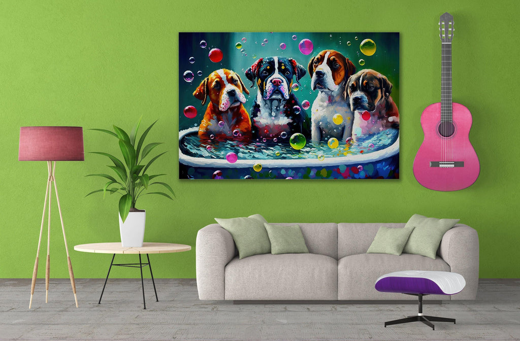 Dog Bath Canvas – Vibrant Colorful Dogs Playing Art on Gallery Ready Canvas