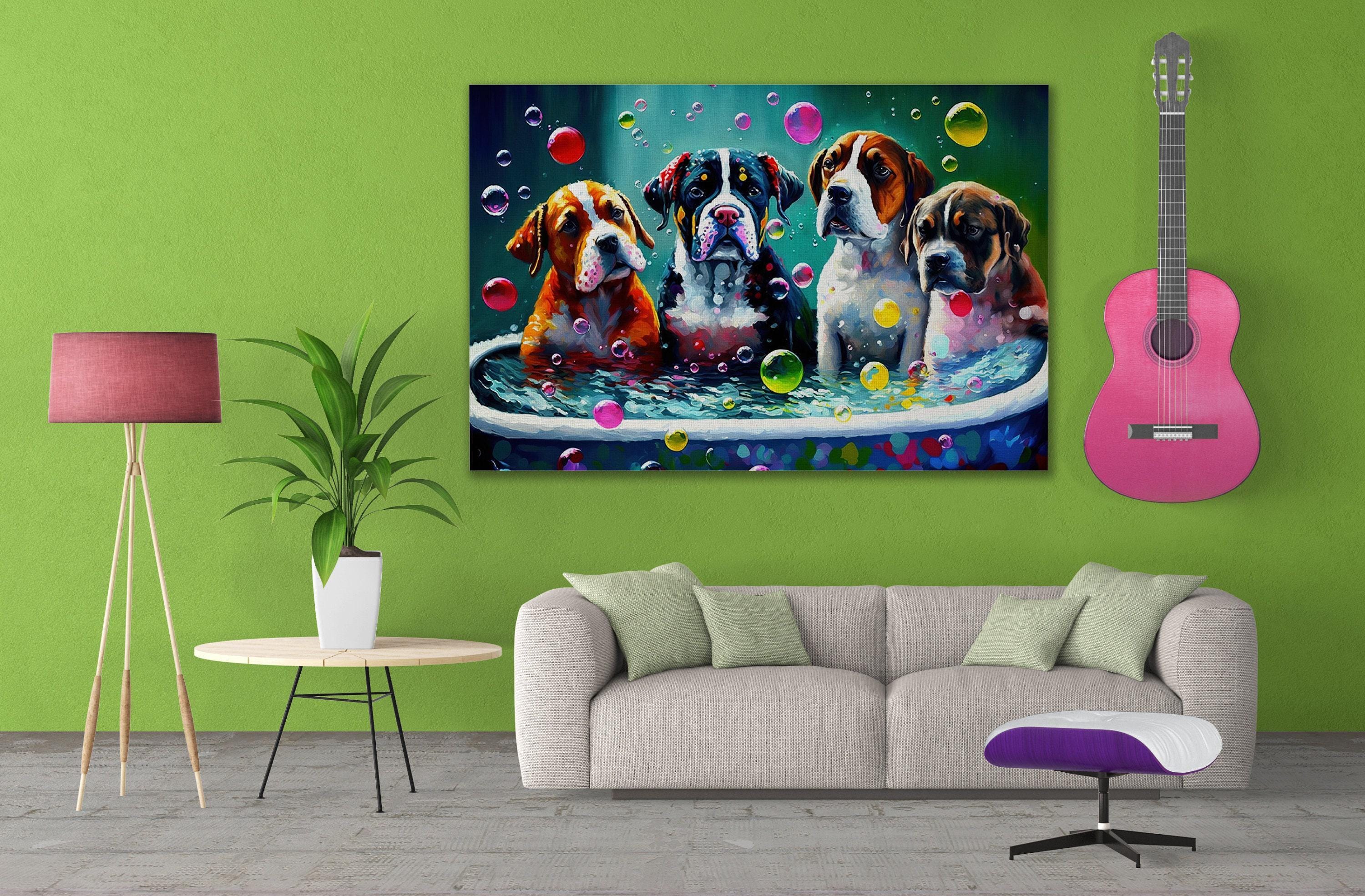 Dog Bath Canvas – Vibrant Colorful Dogs Playing Art on Gallery Ready Canvas