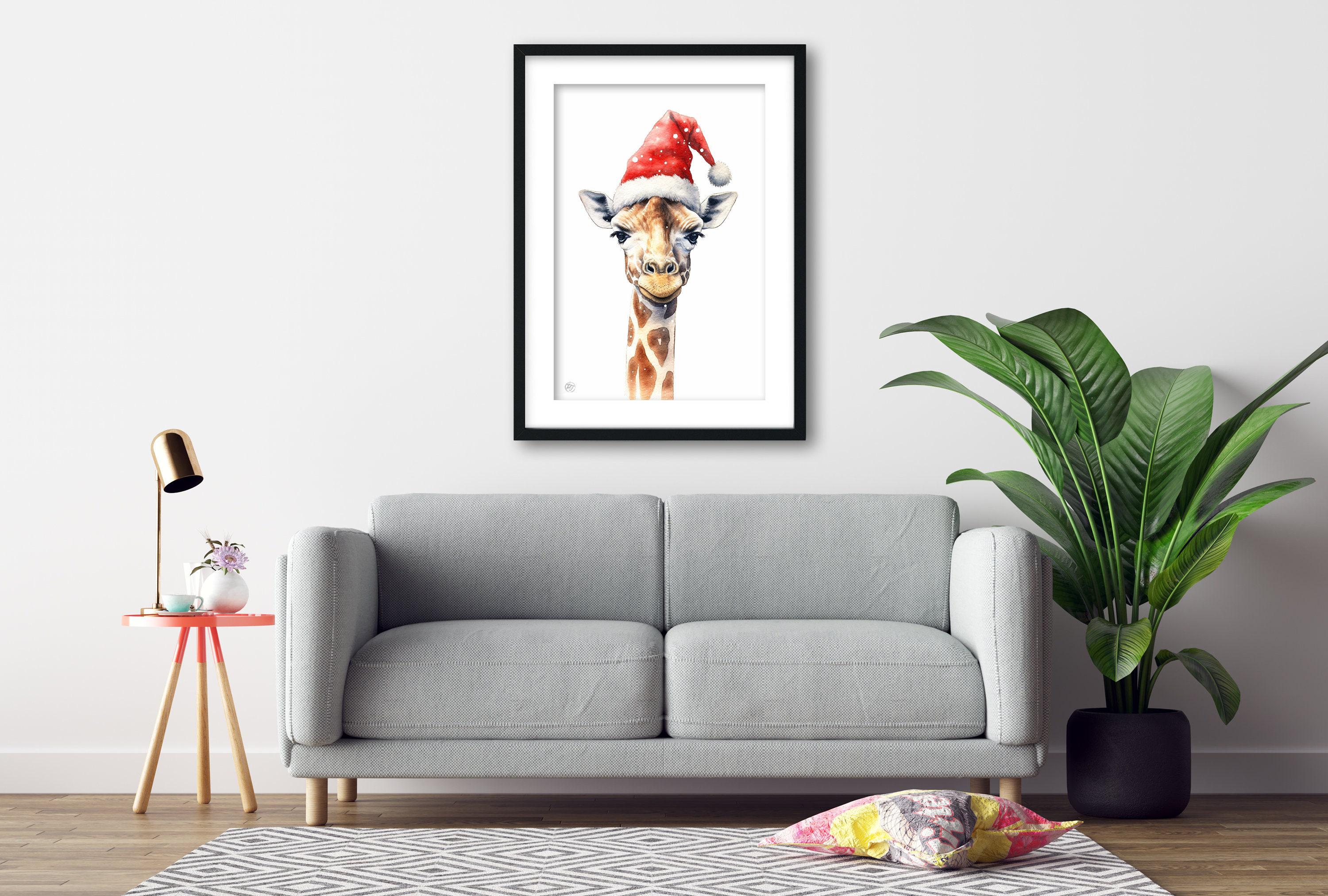Festive Giraffe in Santa Hat Watercolor Art Print, Giclee Print on Canvas, Artist Paper, Watercolor Paper, Available in Extra Large Sizes