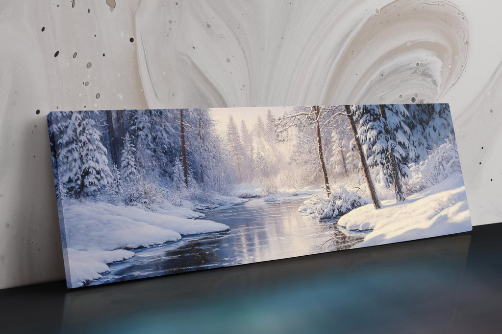 a painting of a river in a snowy forest