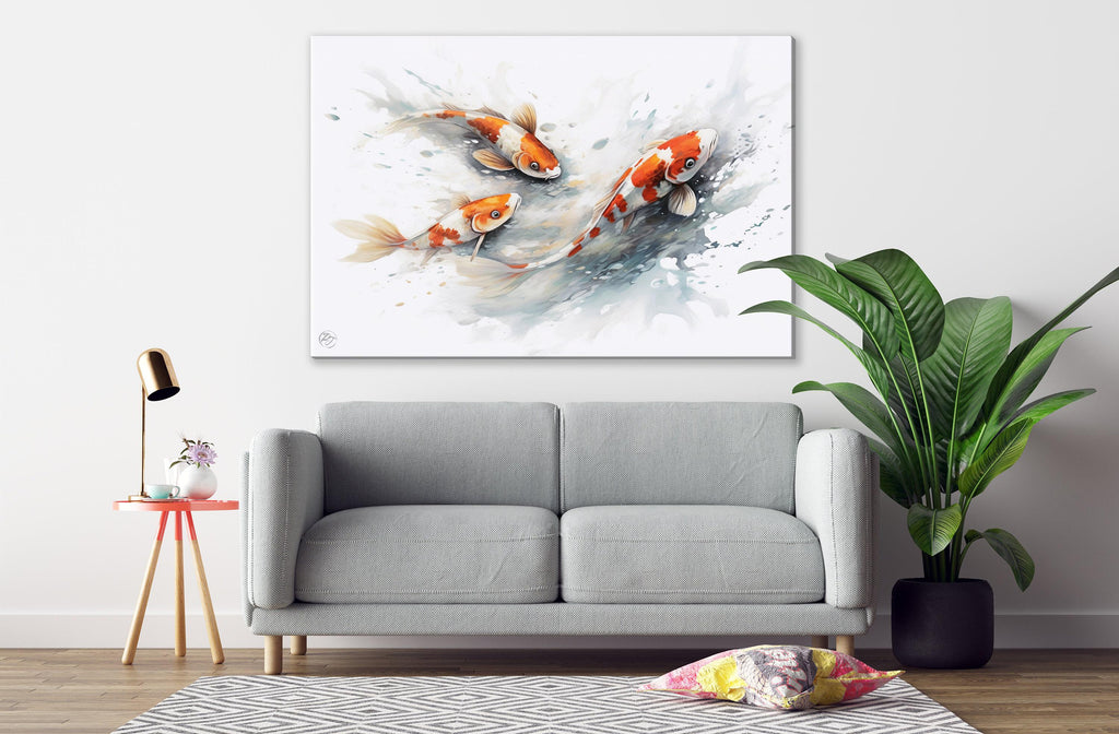 Serene Koi Fish Watercolor Wall Art - Giclee Print on Canvas, Artist Paper, Watercolor Paper, Available in Extra Large Sizes