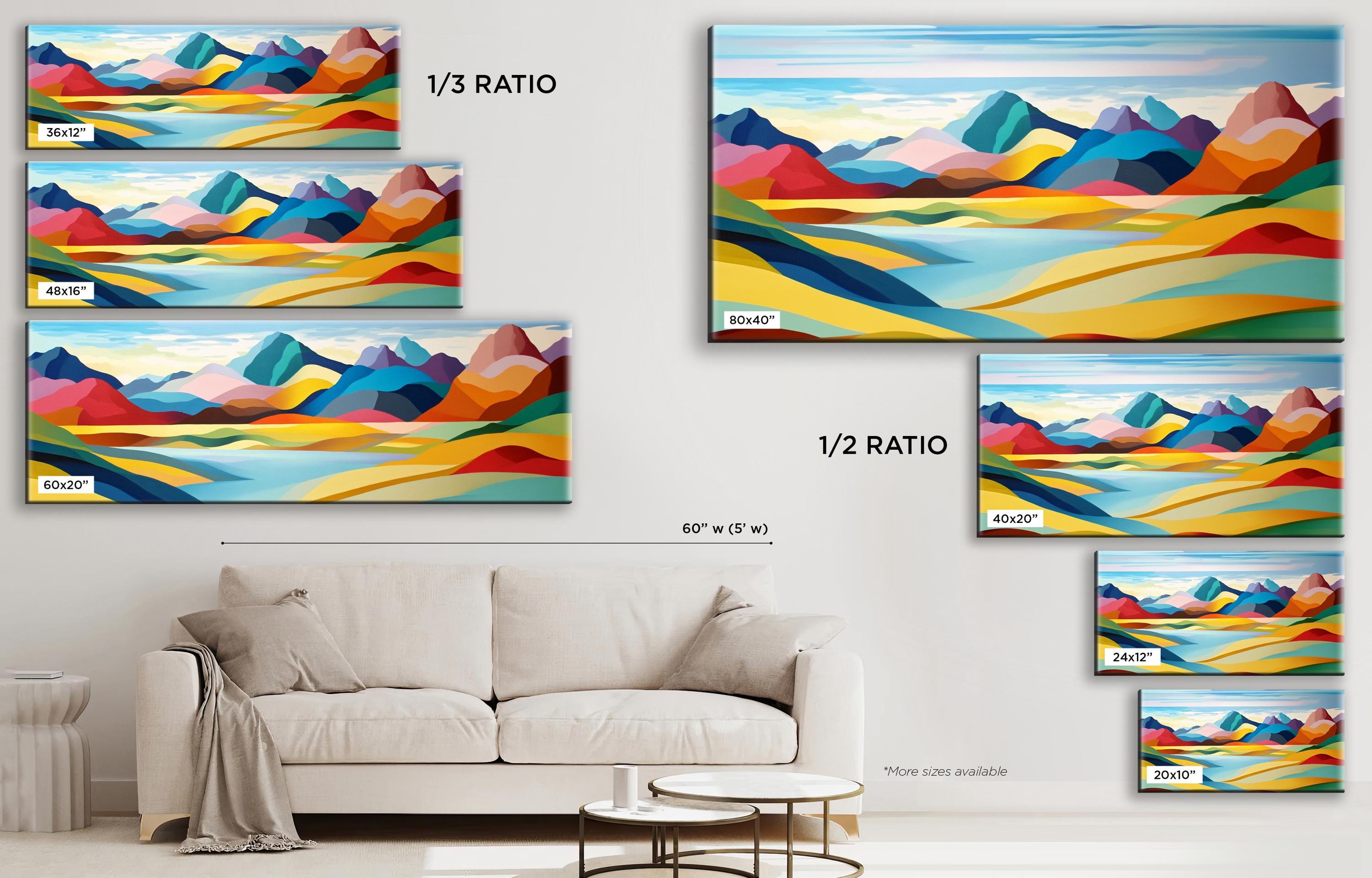 a living room with a couch and paintings on the wall
