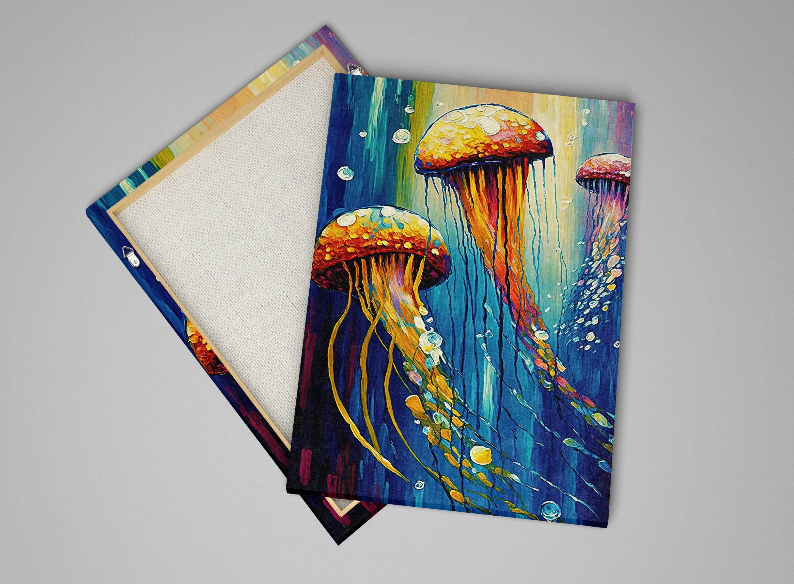 Jellyfish Art Print – Vibrant Trio Jellyfish Painting on Underwater Canvas
