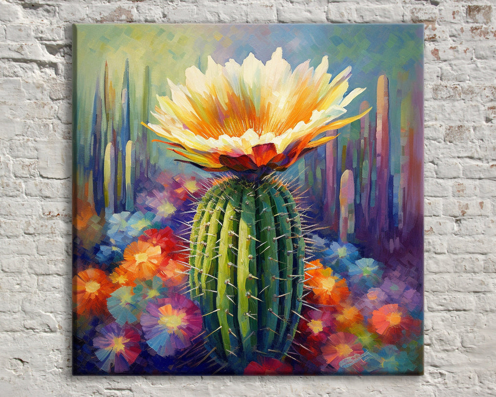 Saguaro Cactus Bloom Painting – Large Gallery Wrapped Canvas Wall Art, UV Coated Print