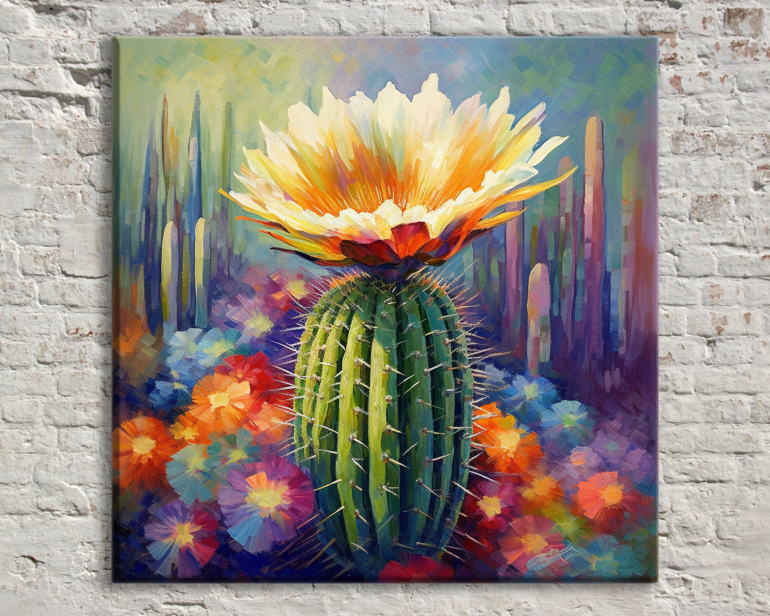 Saguaro Cactus Bloom Painting – Large Gallery Wrapped Canvas Wall Art, UV Coated Print