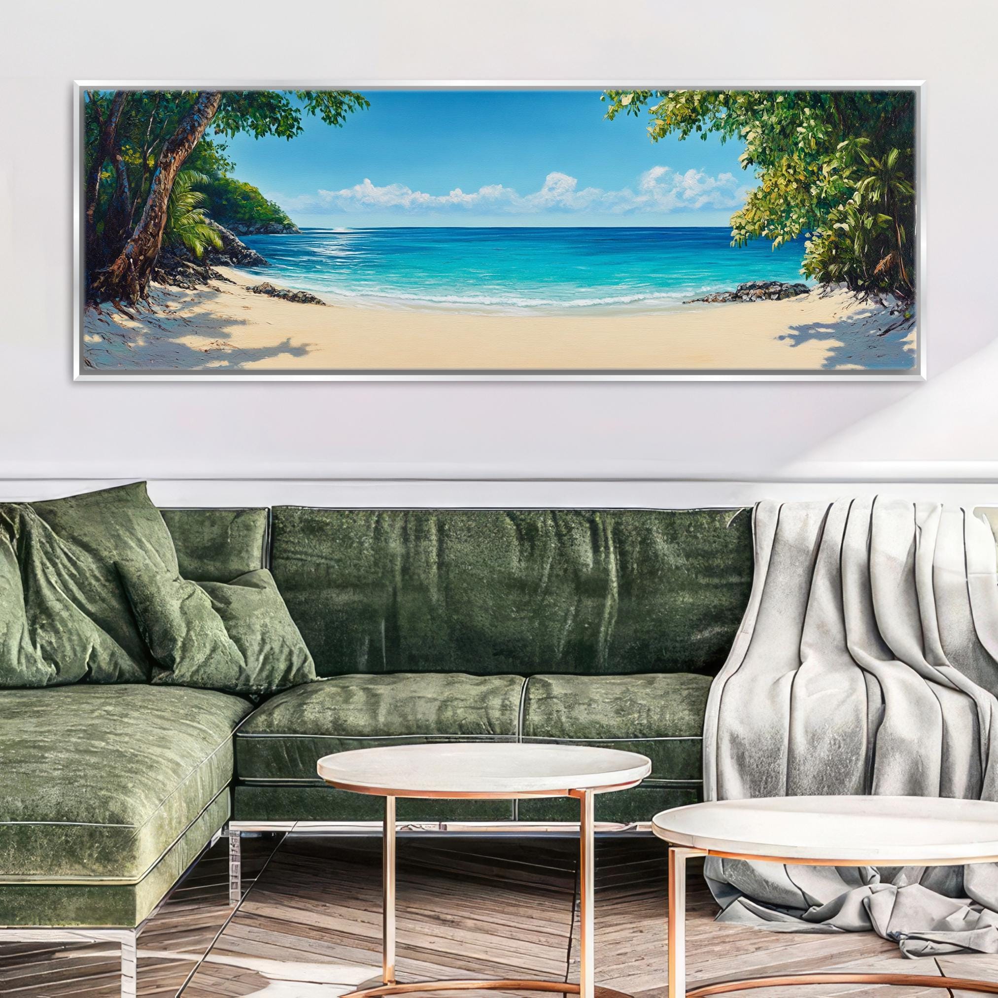 a living room with a green couch and a painting on the wall