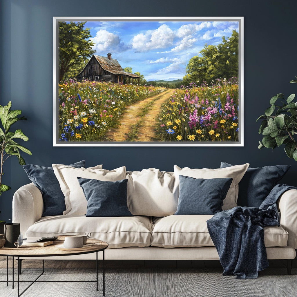 a living room with a couch and a painting on the wall