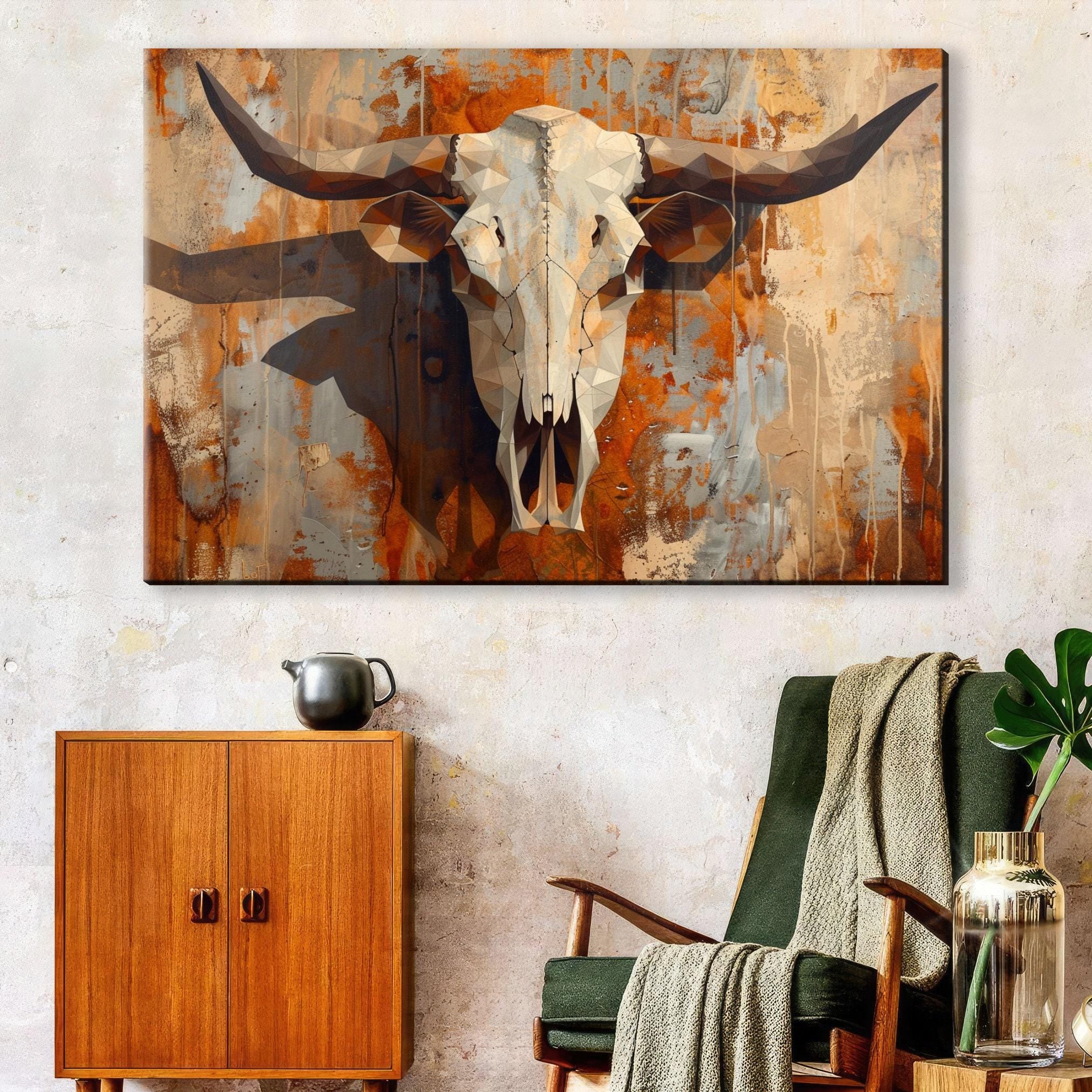 Texas Cow Skull Art – Large Gallery Wrapped Canvas | Rustic Western Wall Decor
