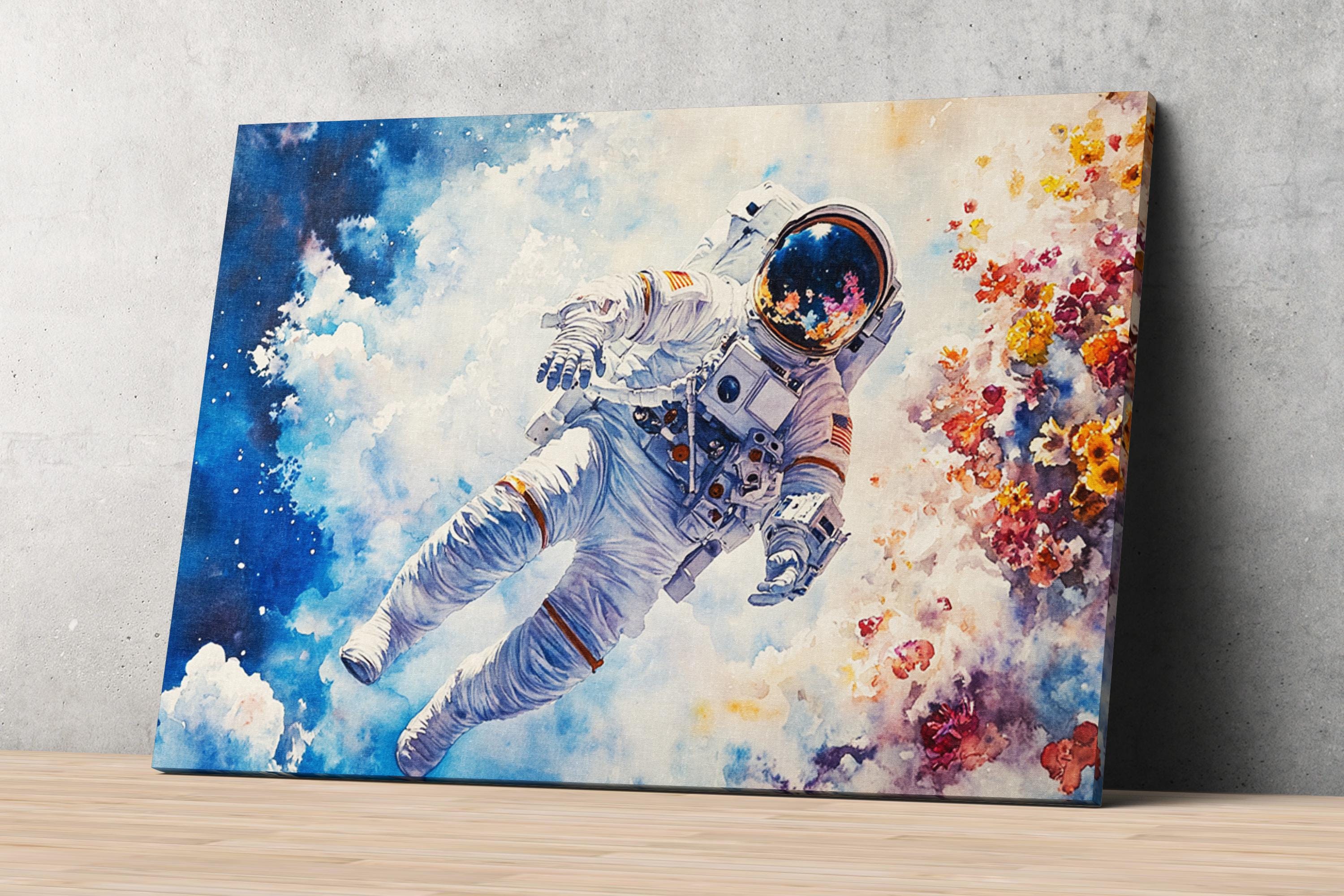 an astronaut floating in space, surrounded by a colorful floral display.