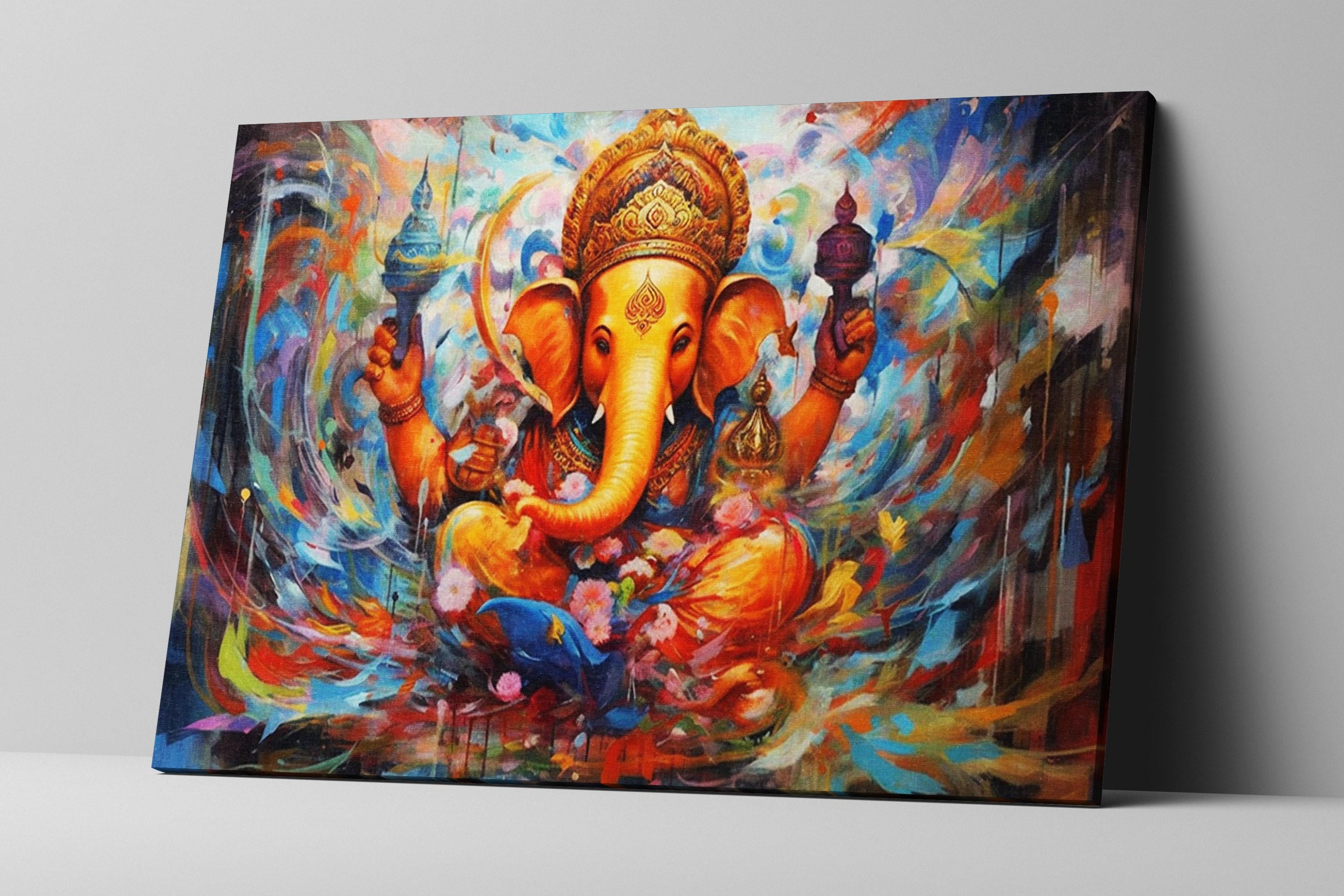 Ganesha Canvas Art – Large Hindu Wall Art With Wooden Frame | Vibrant Spiritual Painting