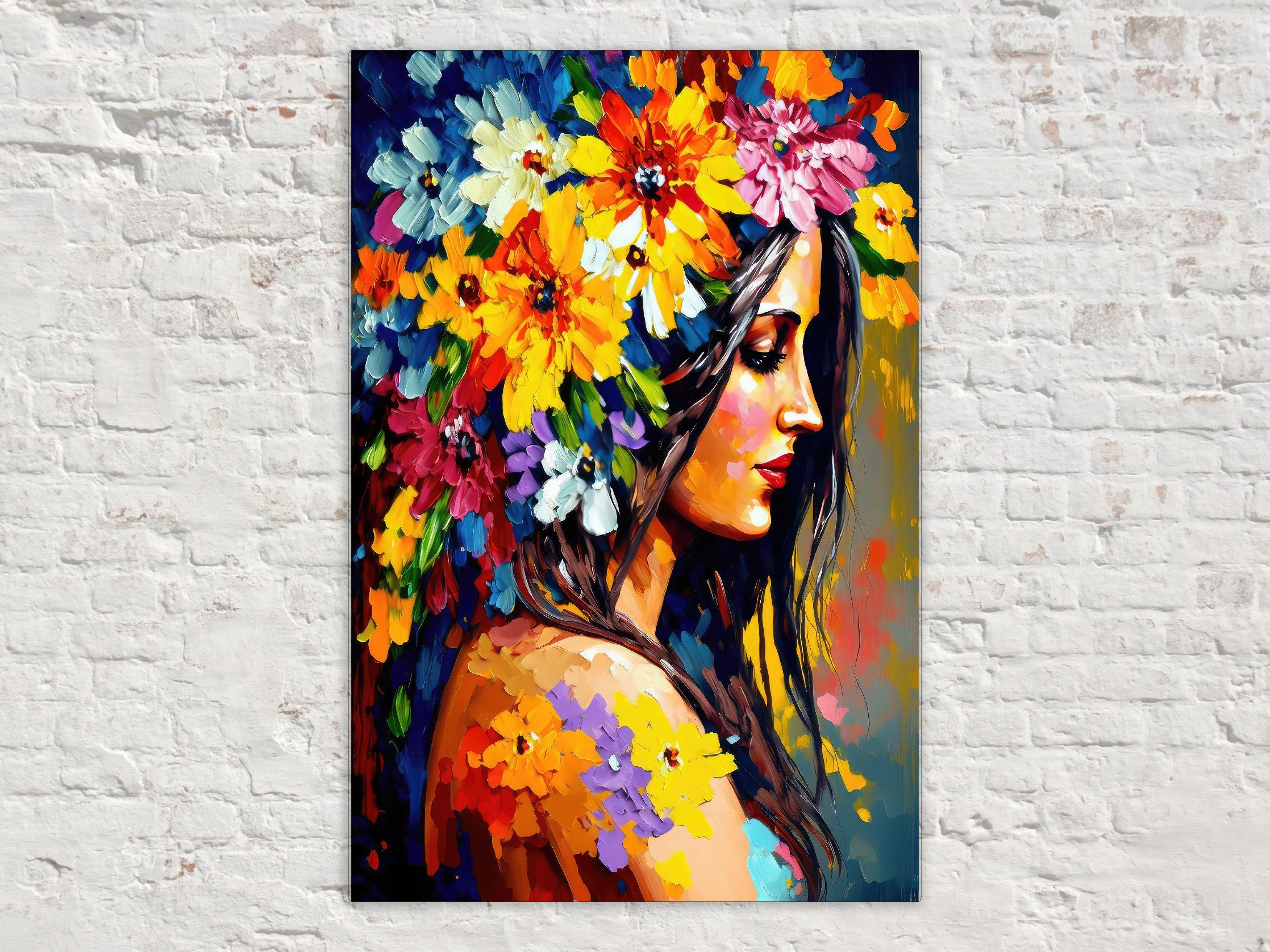 Floral Portrait Canvas - Woman Flower Hair Large Canvas Print | Feminine Home Decor