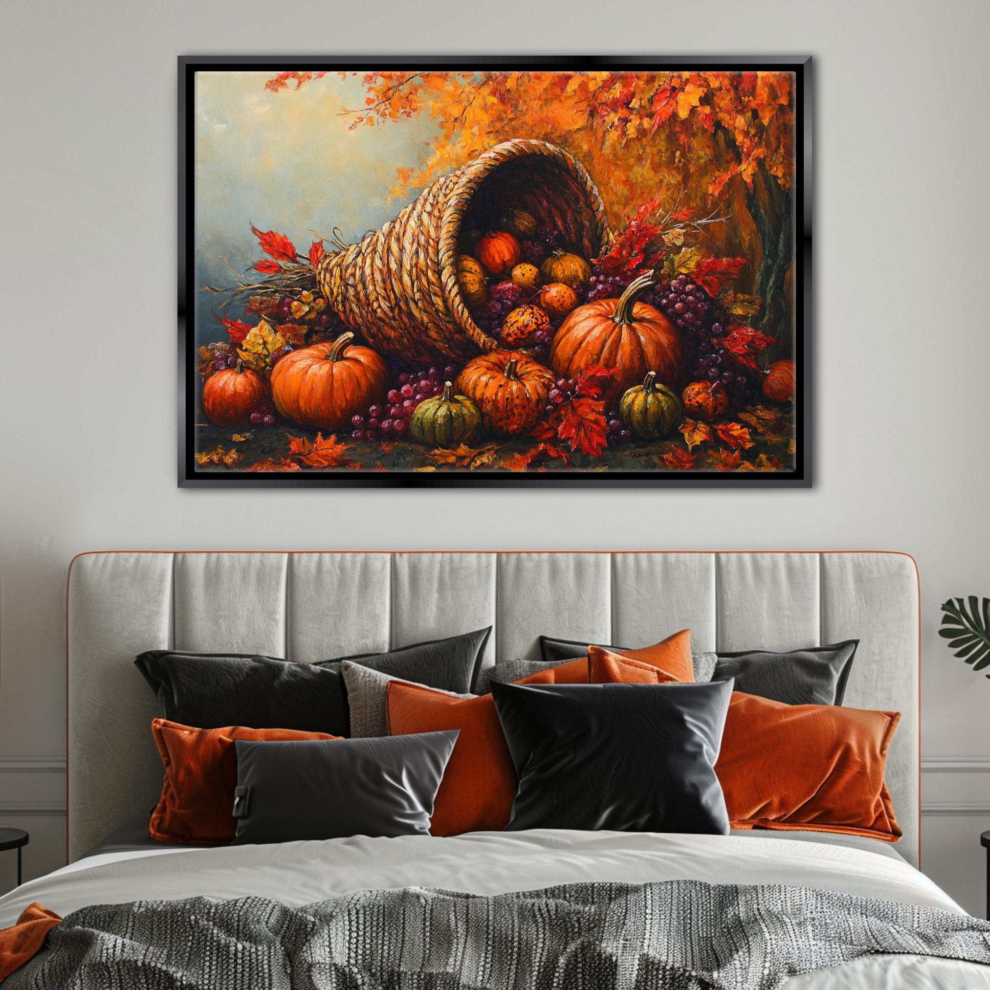 a bed with a white headboard and a large framed painting of a cornucopia filled with autumn fruits and vegetables, including pumpkins, grapes, and apples, hanging above it.