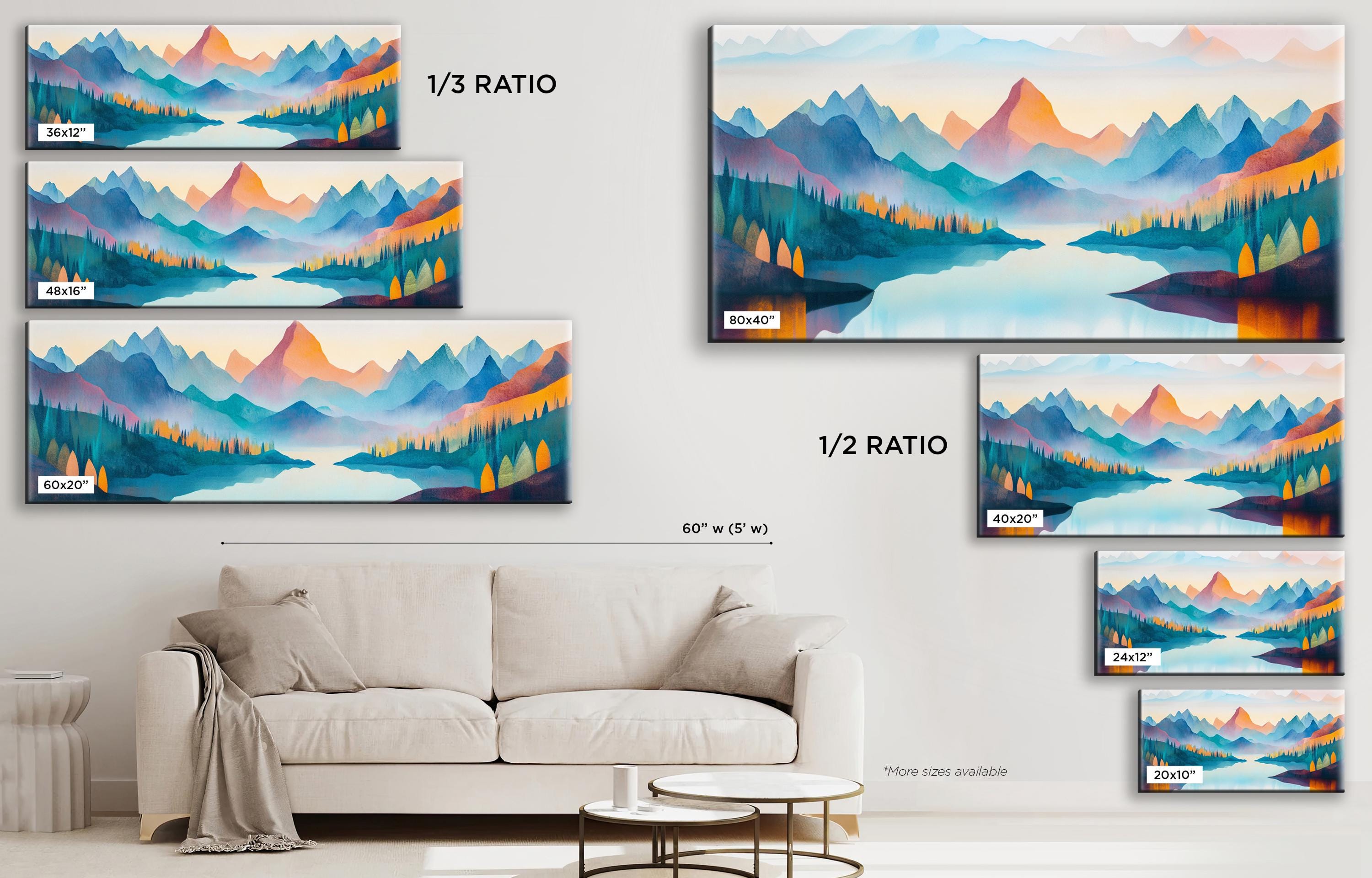 a living room with a white couch and paintings on the wall