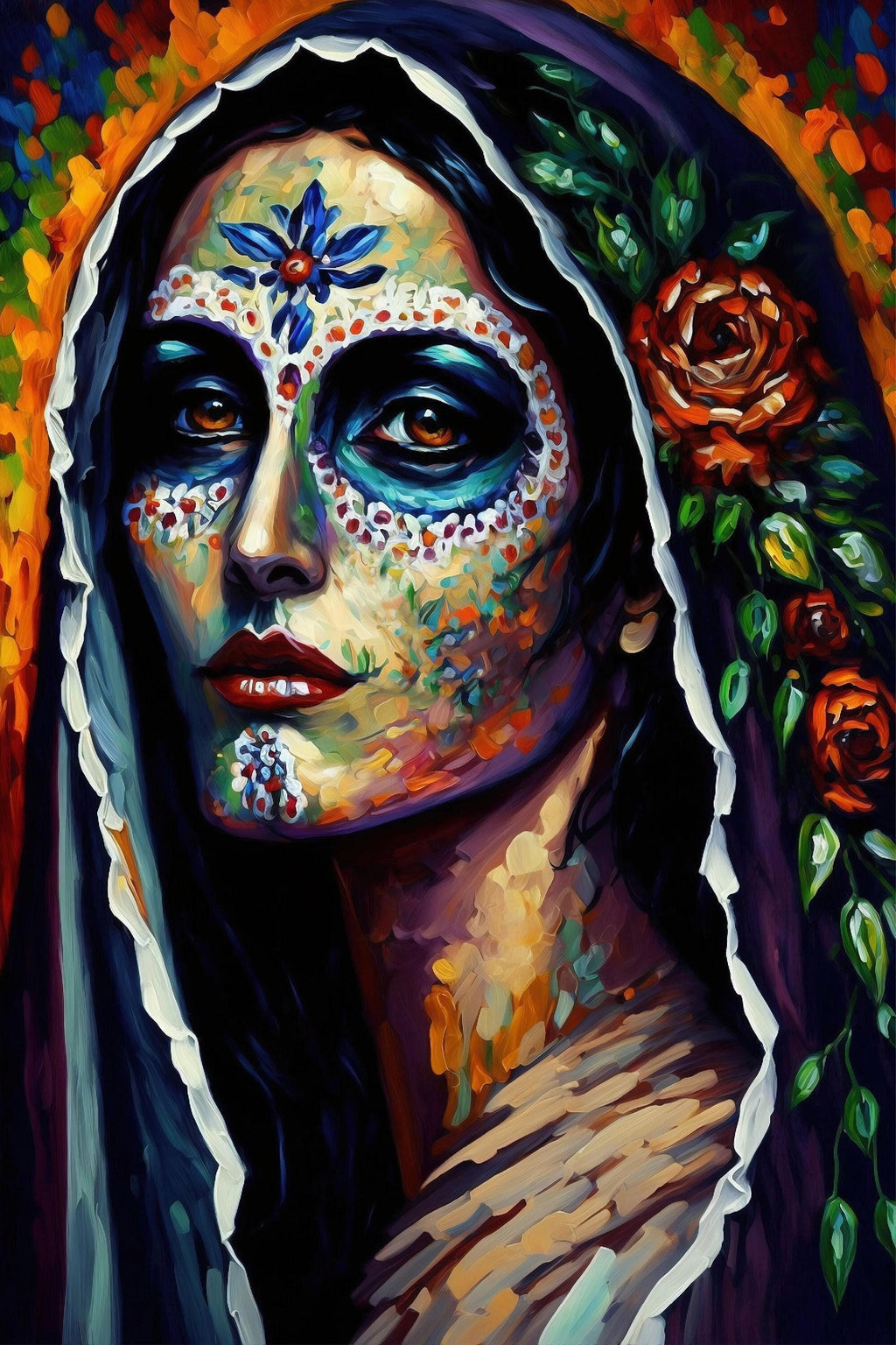 The image is a vibrant and colorful portrait of a woman with intricate face paint and floral elements surrounding her.