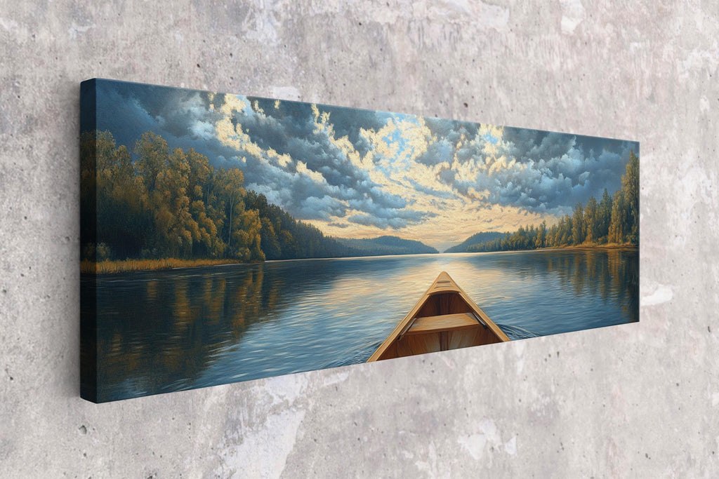 a painting of a canoe on a lake