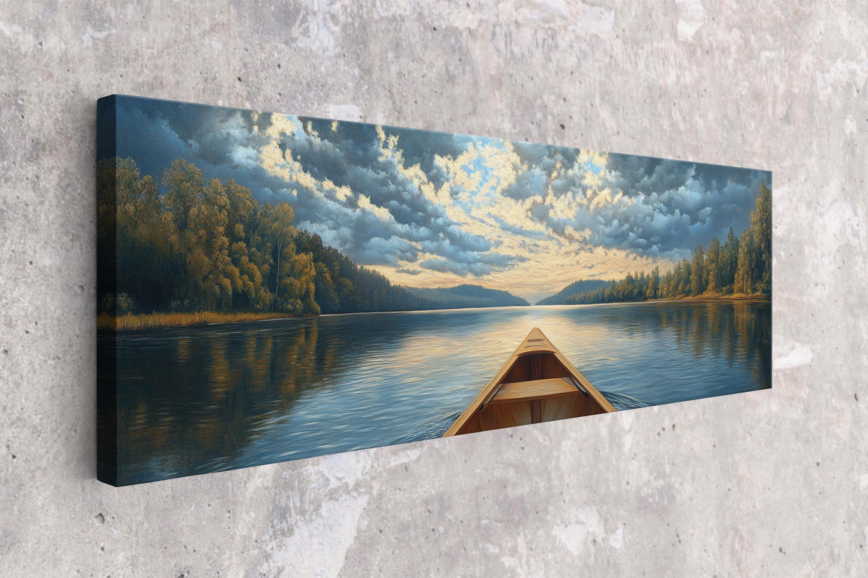 a painting of a canoe on a lake