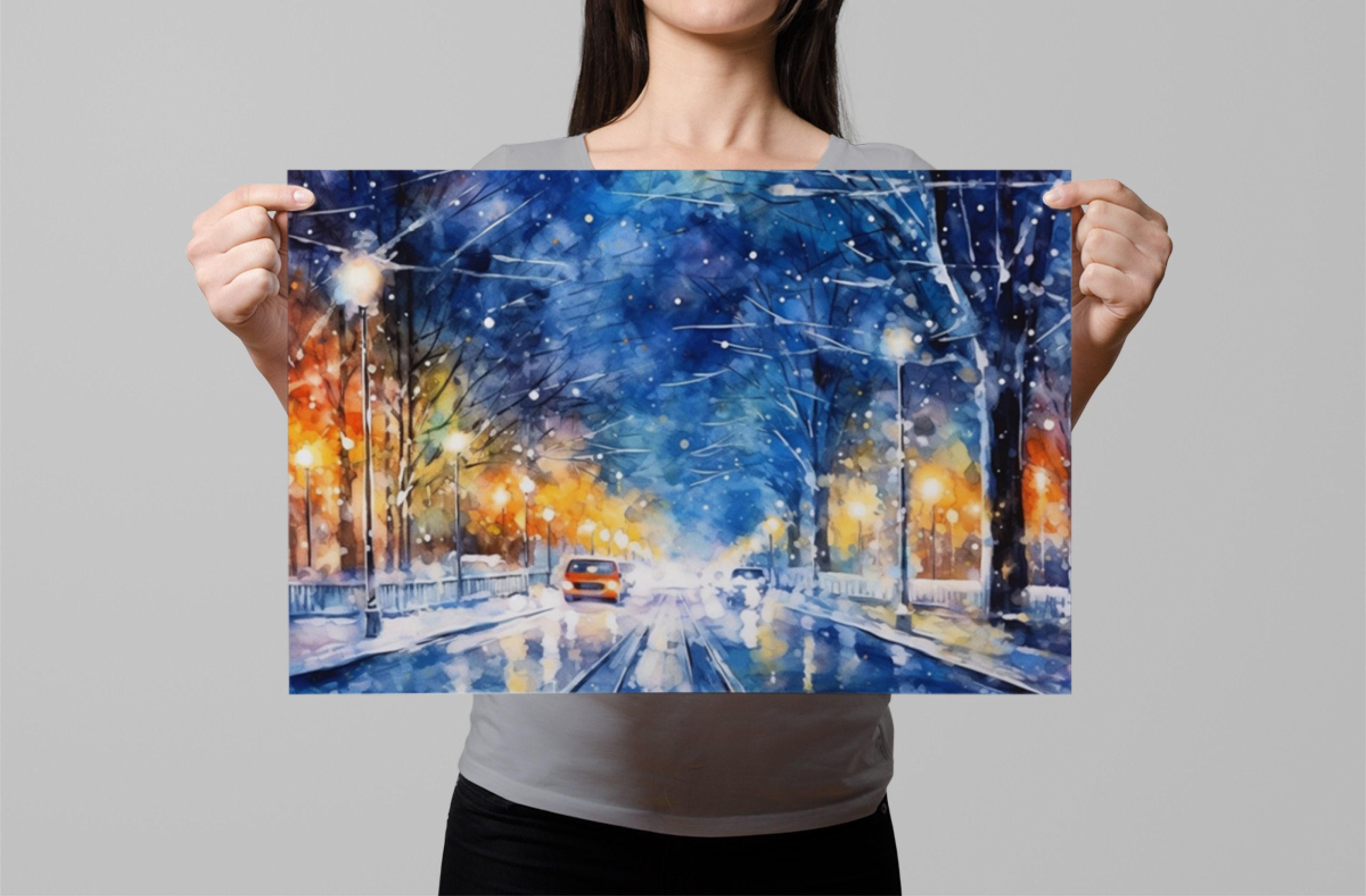 Enchanting Winter Scene Watercolor Wall Art, Giclee Print on Canvas, Artist Paper, Watercolor Paper, Available in Extra Large Sizes