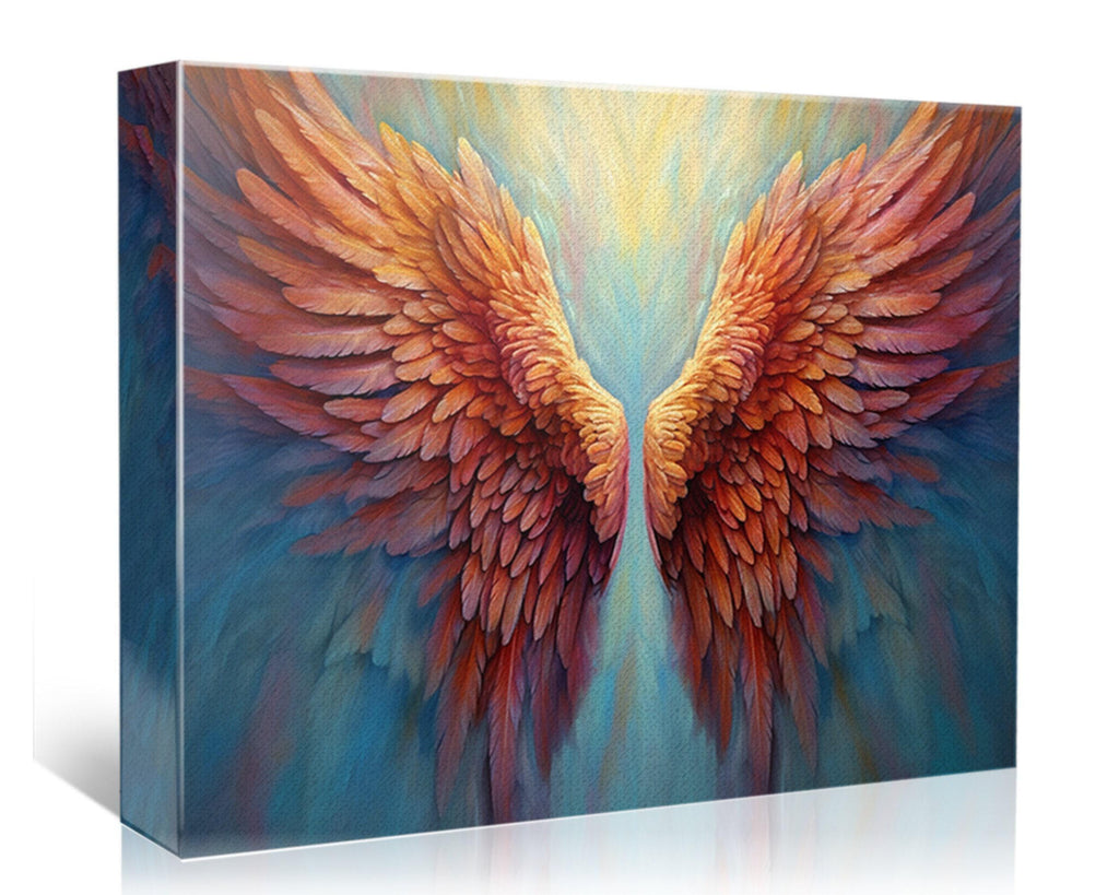 a vibrant and colorful painting of large, outstretched wings with intricate feather patterns in shades of orange, red, and blue.