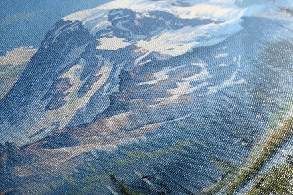 The image is a close-up of a textured fabric or material with a pattern resembling a mountain or landscape. The pattern appears to be a blend of blue, green, and brown colors, creating a visually interesting and abstract design.