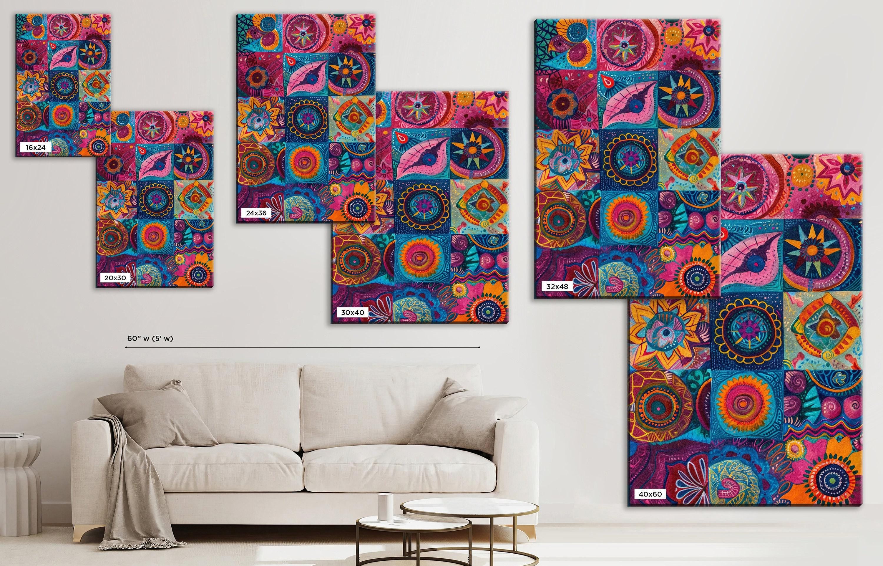 Boho Wall Art - Vibrant Bohemian Canvas Print | Extra Large Quilt Style Art