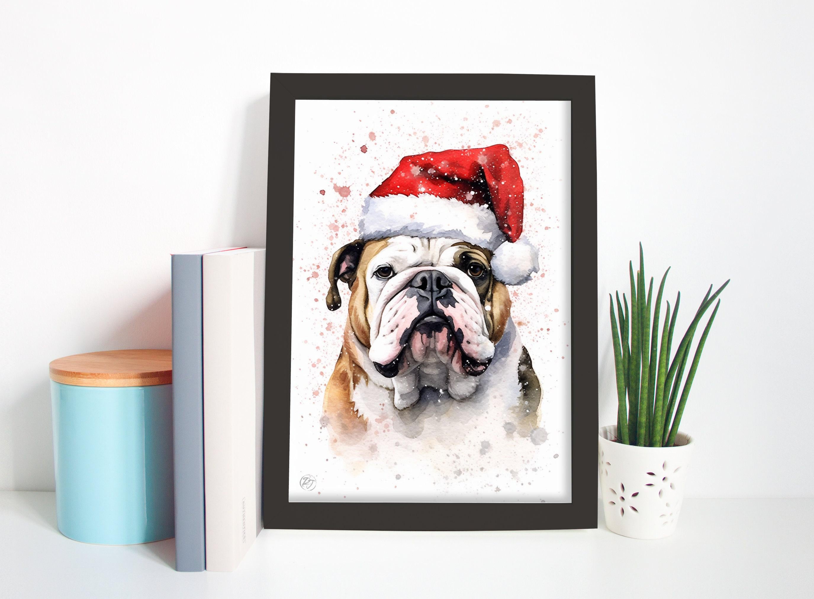 Christmas Bulldog - English Bulldog with Santa Hat, Giclee Print on Canvas, Artist Paper, Watercolor Paper, Available in Extra Large Sizes