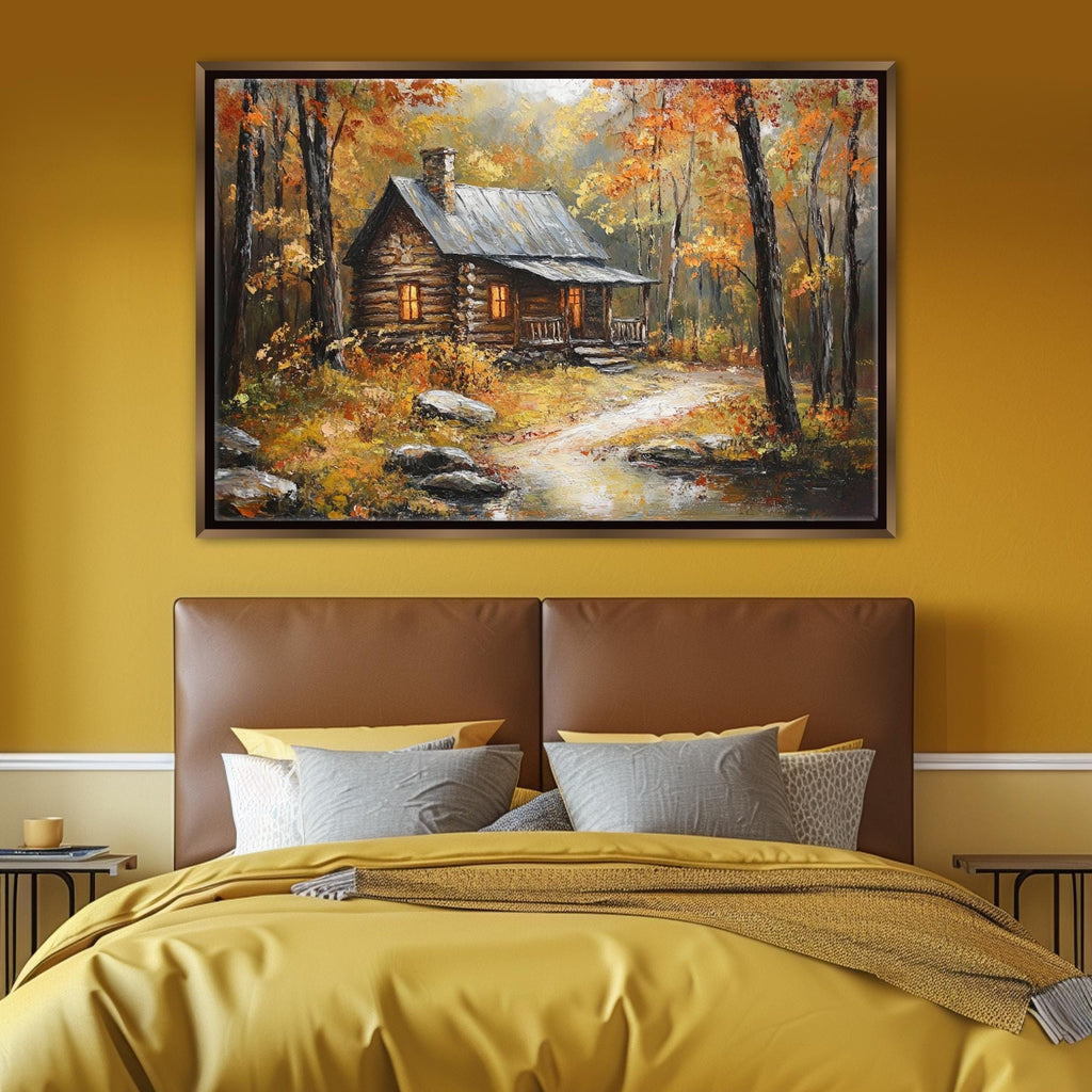 a cozy cabin nestled in a forest, surrounded by vibrant autumn foliage.