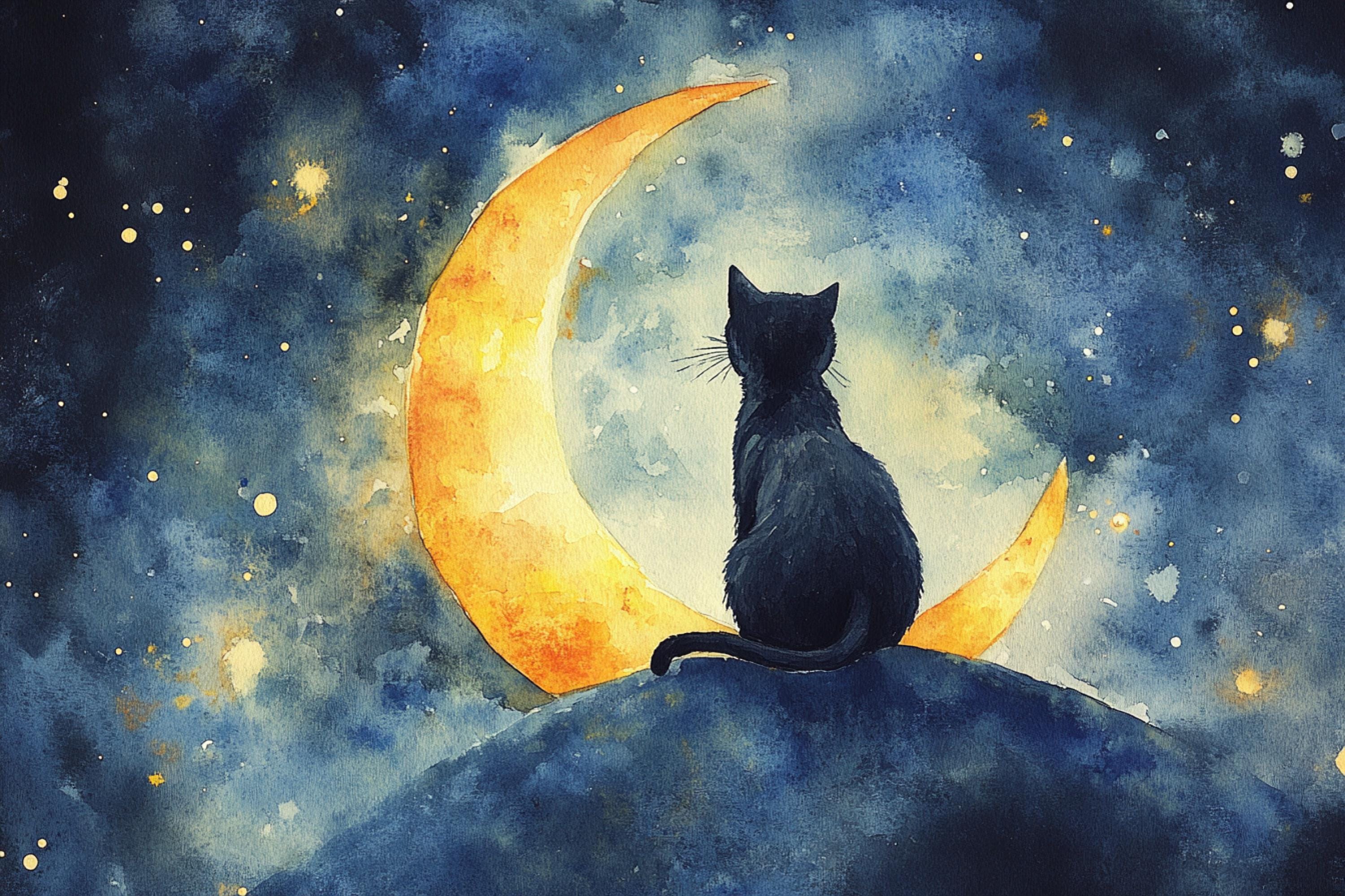 A black cat sits on a rock, gazing up at a crescent moon and a starry night sky.