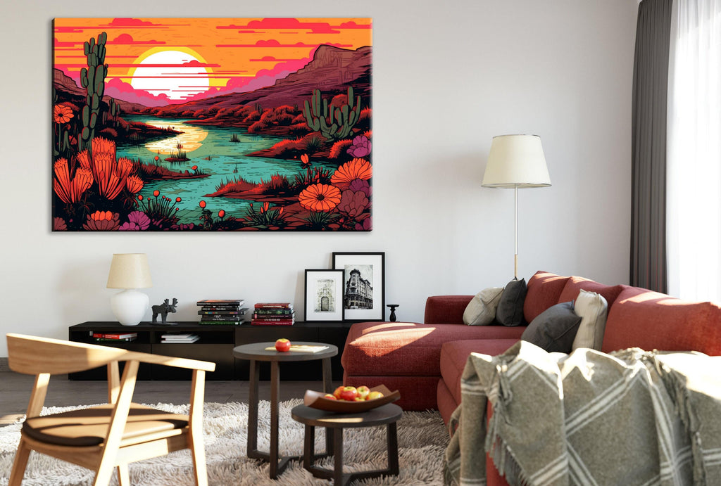 Desert Landscape Art – Linocut Style Canvas | Gallery Wrapped Ready to Hang