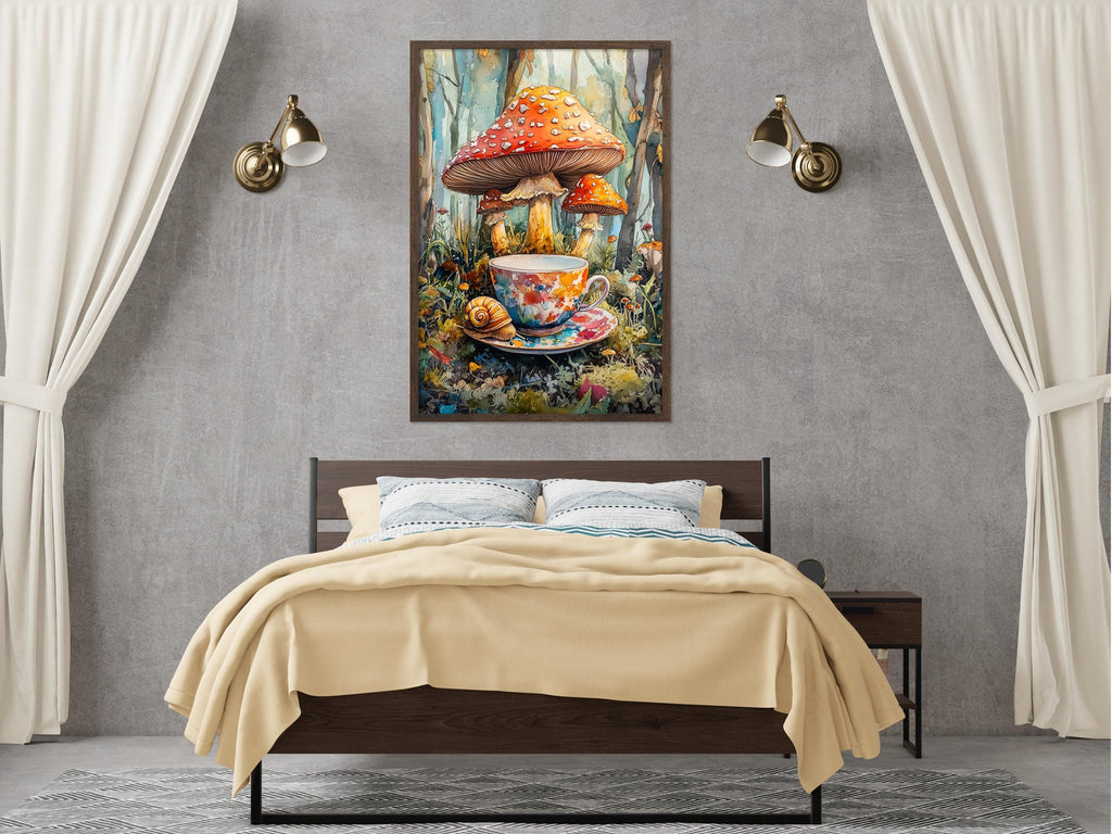 a large painting of a mushroom and a cup of tea on a bed in a bedroom setting.