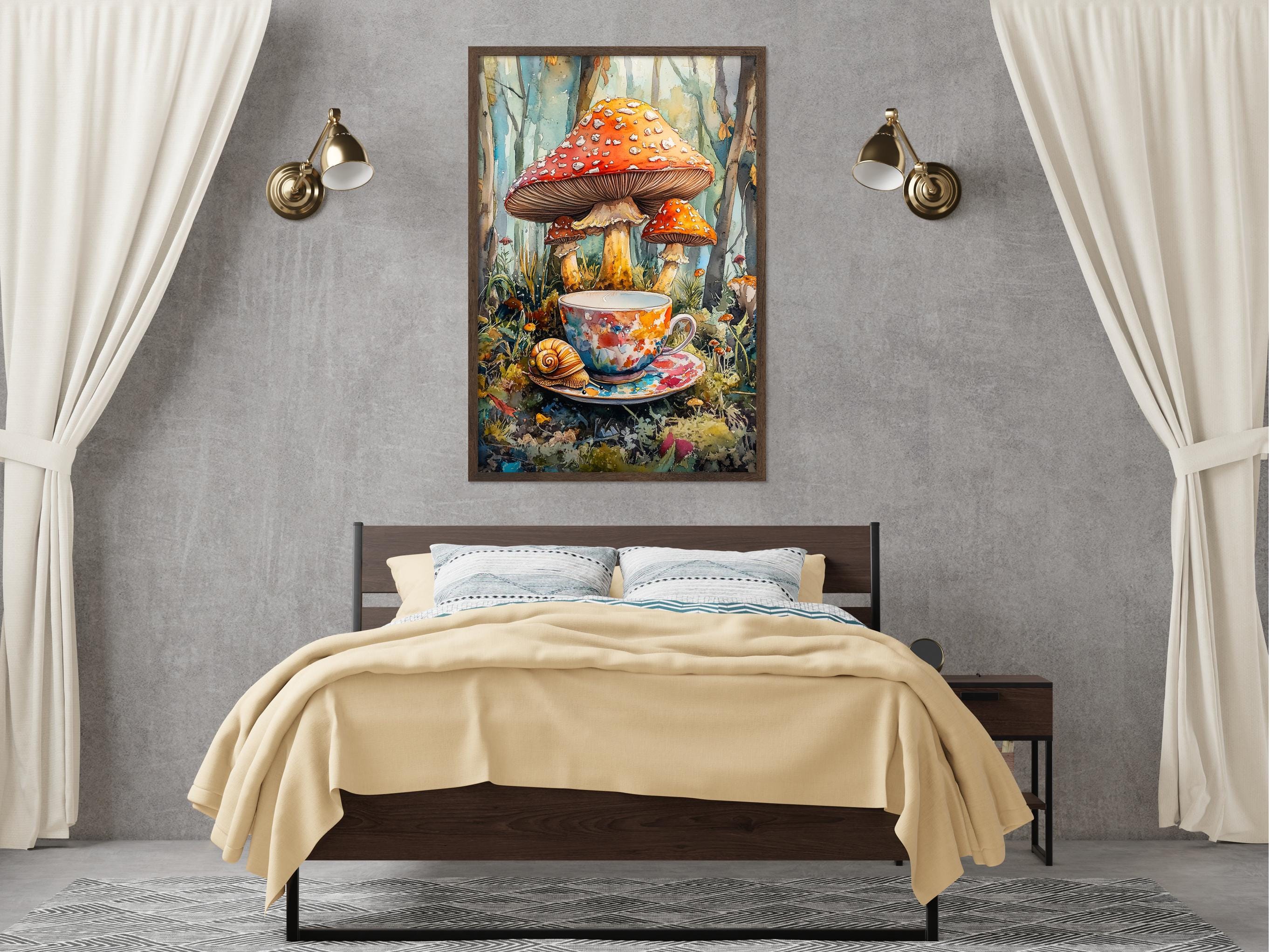 a large painting of a mushroom and a cup of tea on a bed in a bedroom setting.