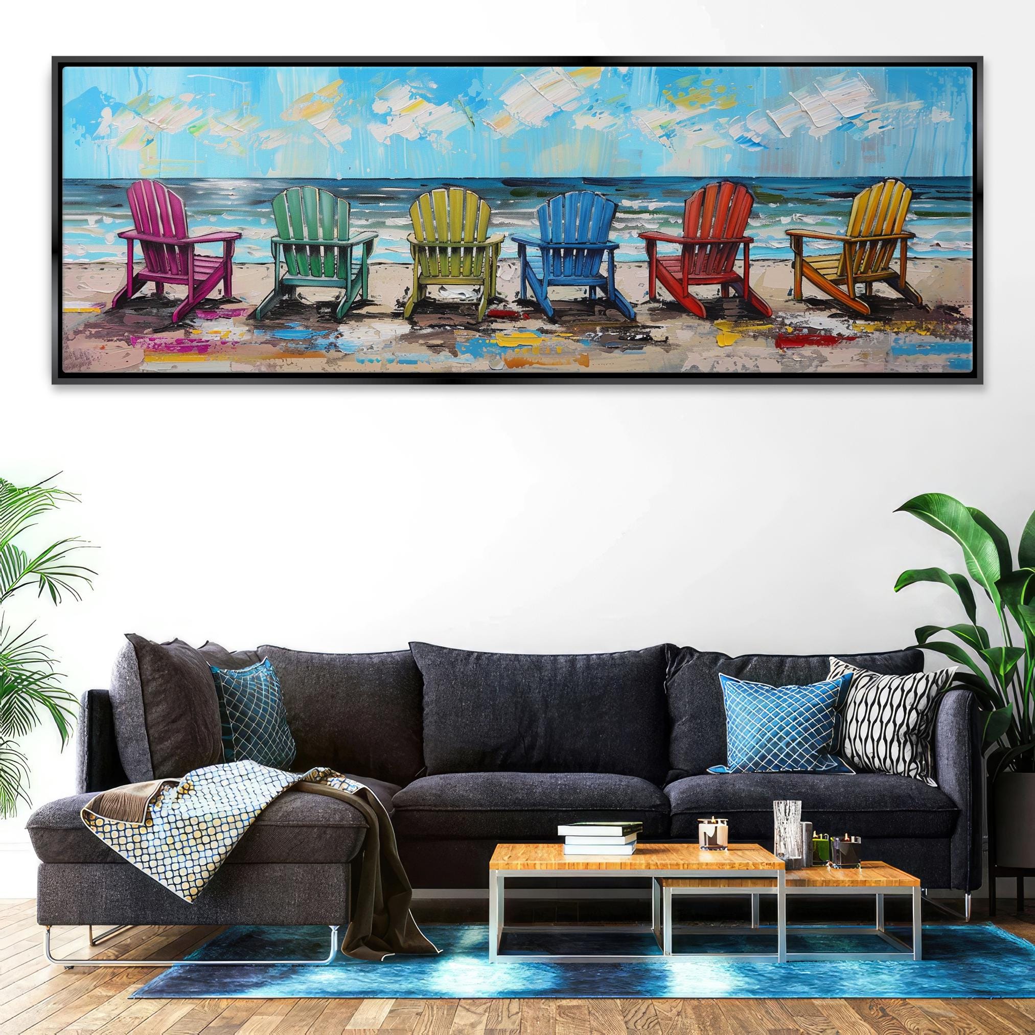 a living room with a couch and a painting on the wall