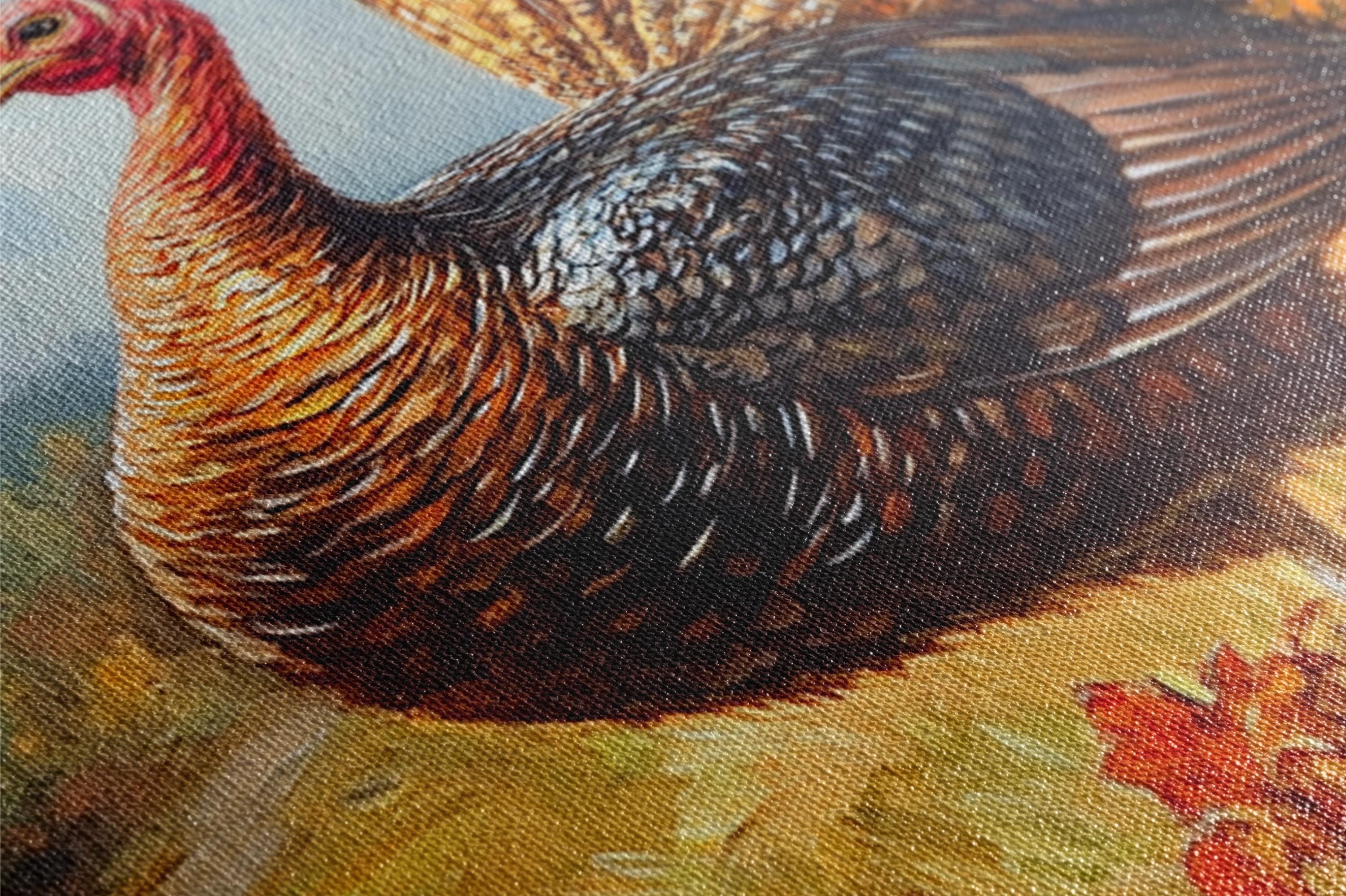 A close-up of a detailed painting of a turkey, with its feathers and intricate patterns clearly visible.