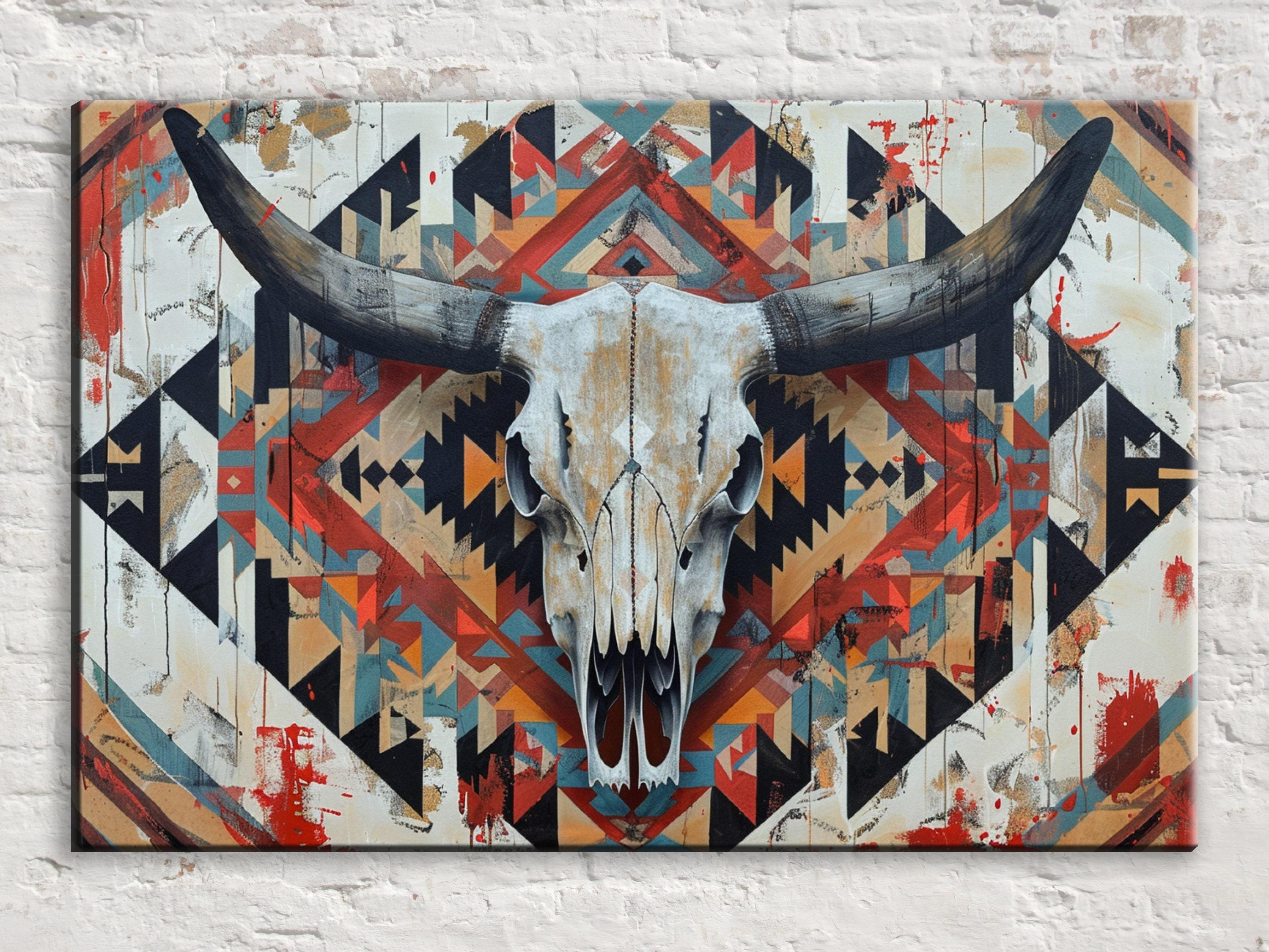 Cow Skull Wall Decor – Extra Large Canvas Art | Tribal Skull Canvas Ready to Hang