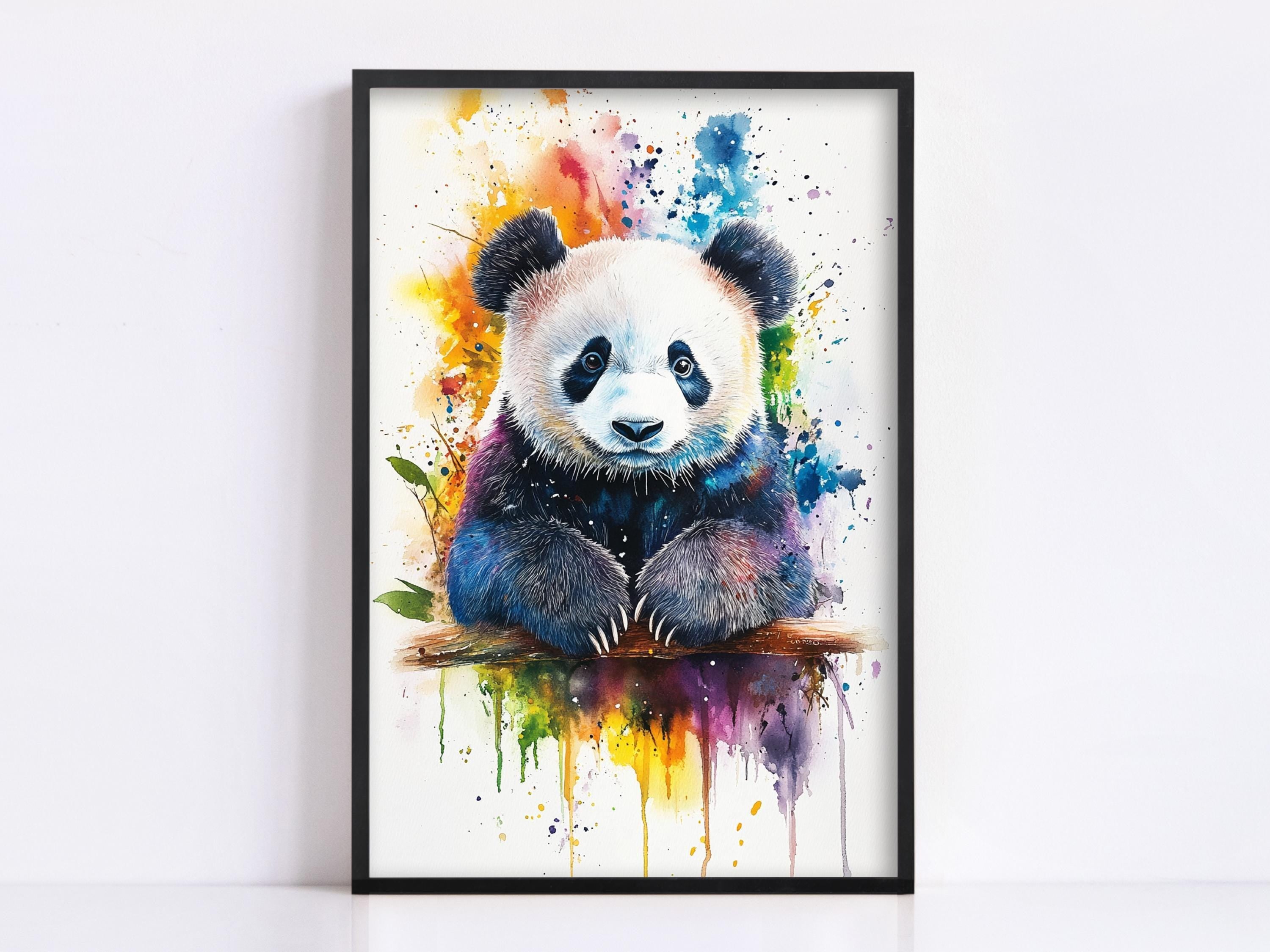 Cute Panda Bear Watercolor Painting Print, Giclee Print on Canvas, Artist Paper, Framed or Unframed, Available in Extra Large Sizes