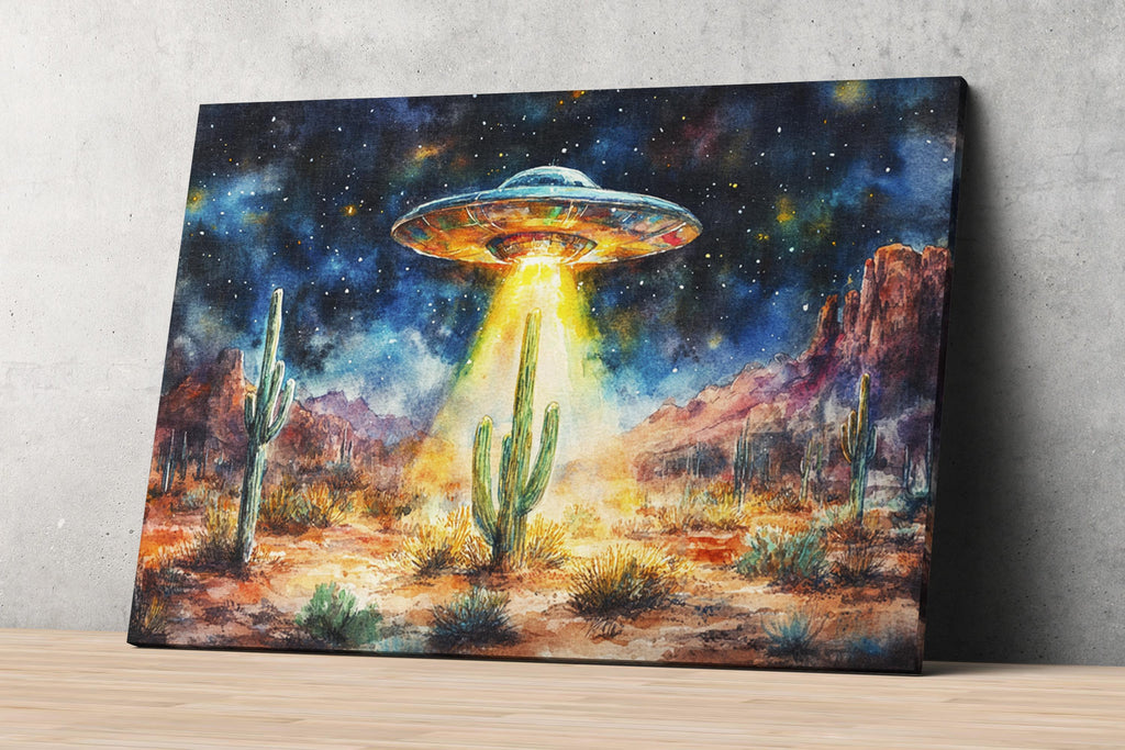 a large, colorful alien spacecraft hovering over a desert landscape with cacti and mountains in the background, creating a surreal and fantastical scene.