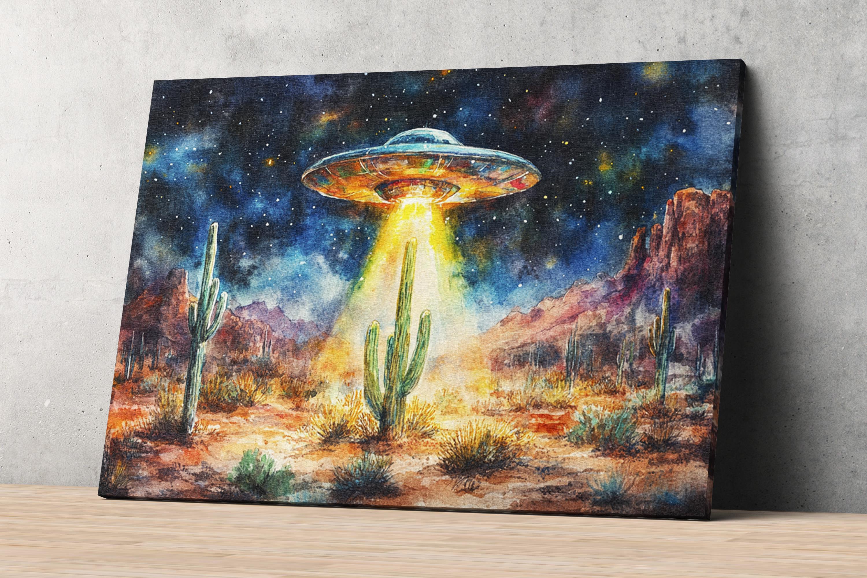 a large, colorful alien spacecraft hovering over a desert landscape with cacti and mountains in the background, creating a surreal and fantastical scene.