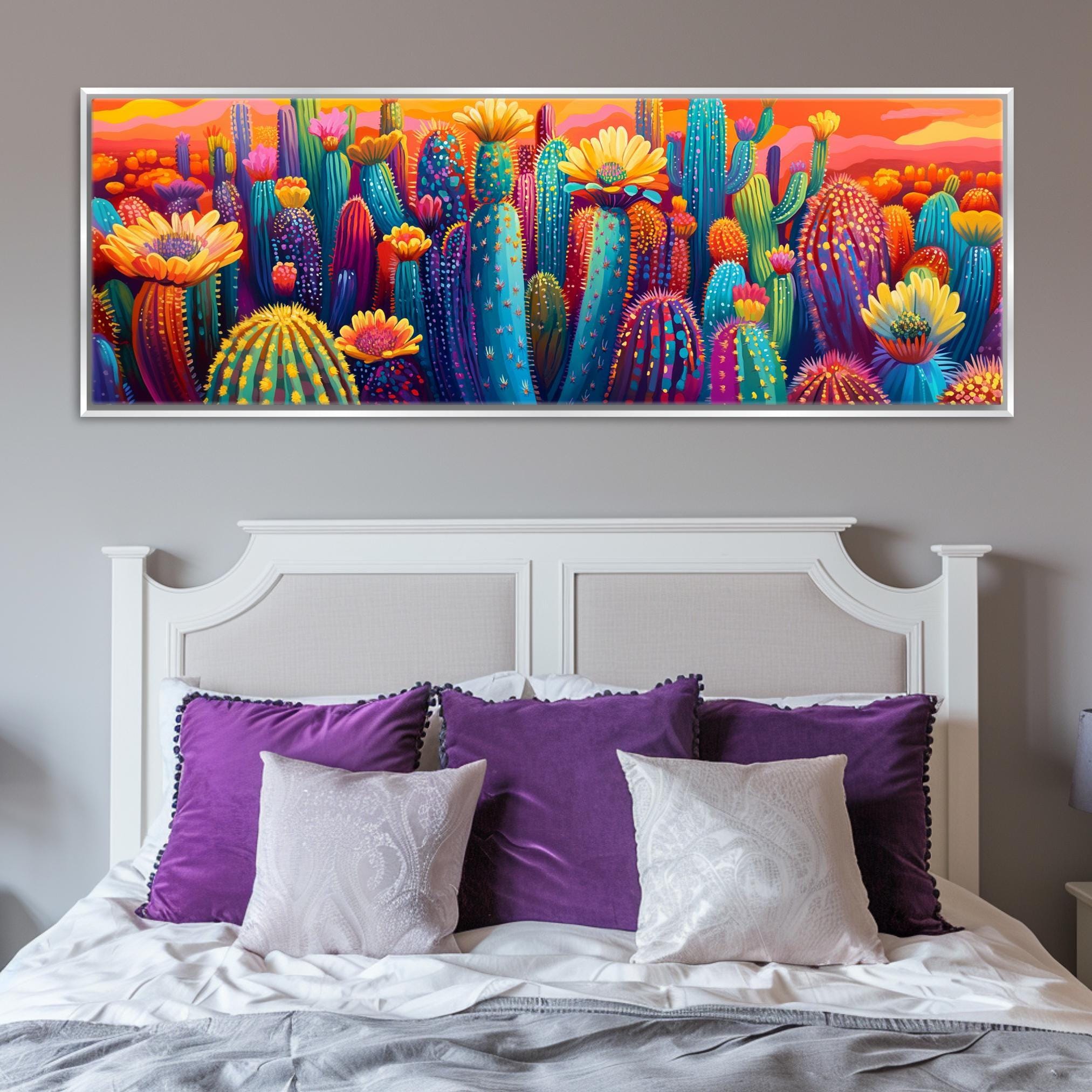 Desert Saguaro Canvas - Panoramic Wall Art | Oversized Gallery Wrap | Vibrant Cactus Bloom Painting