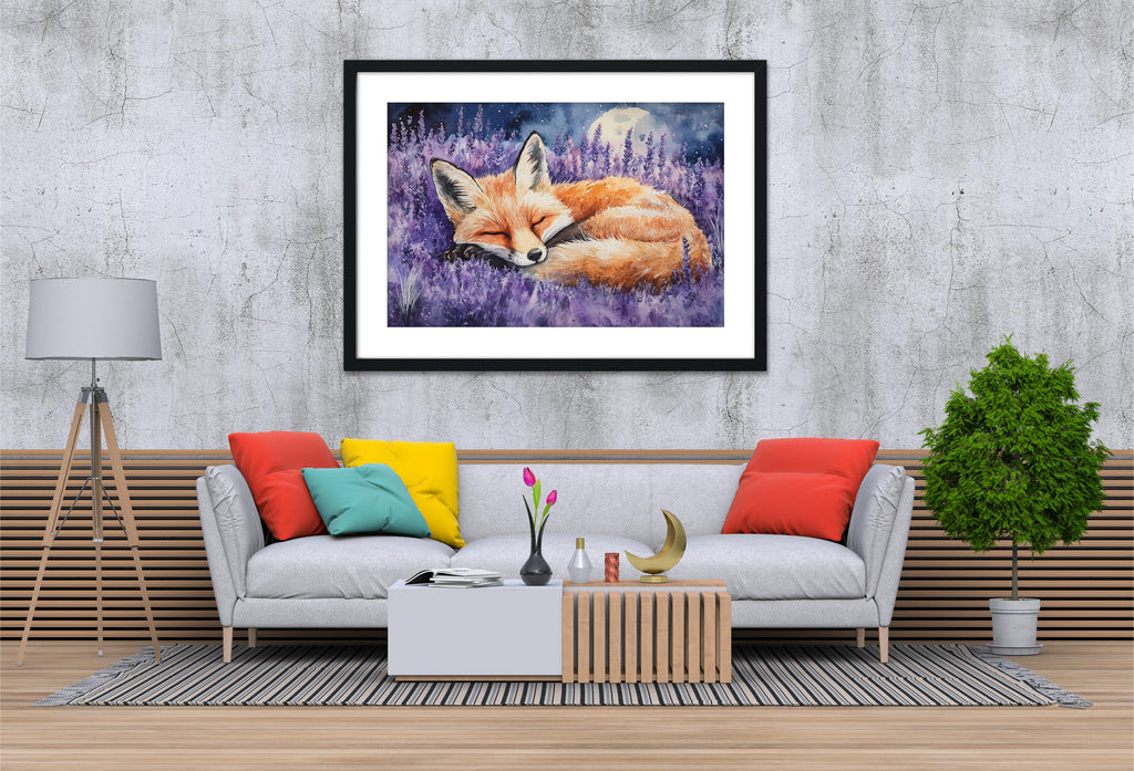 a cozy living room with a gray sofa adorned with colorful pillows, a wooden coffee table, and a framed painting of a sleeping fox in a purple field. The room is decorated with a potted plant, a lamp, and a vase, creating a warm and inviting atmosphere.