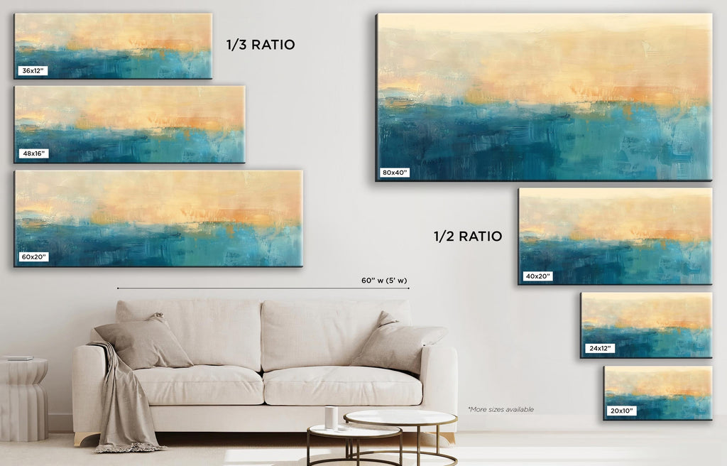 a living room with a couch, table and paintings on the wall