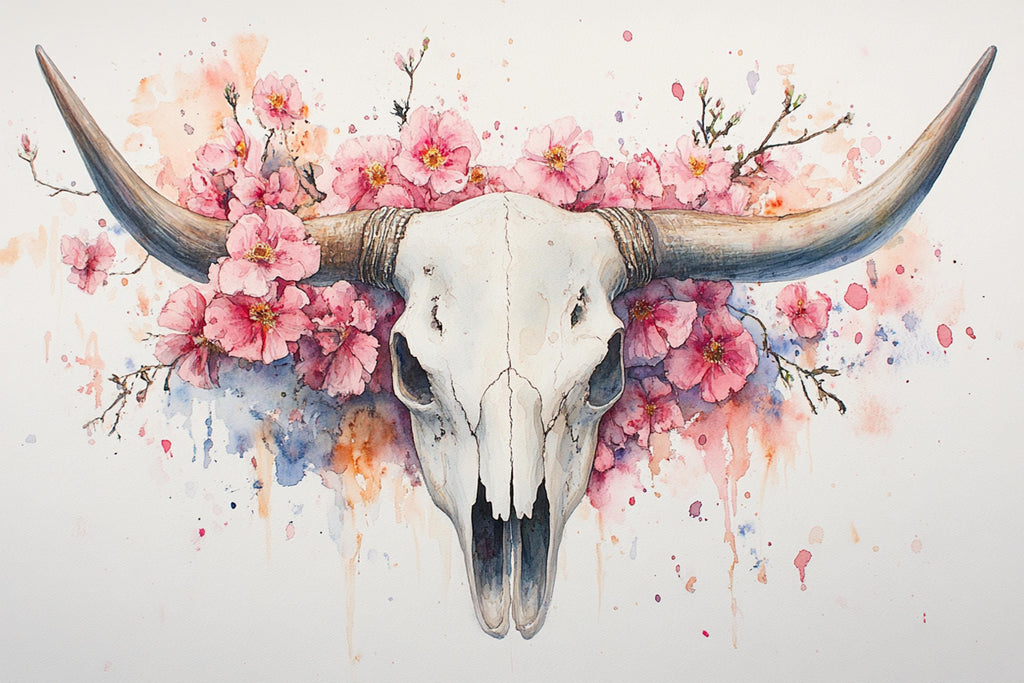 A watercolor painting depicting a white skull with large curved horns, surrounded by pink flowers and branches.