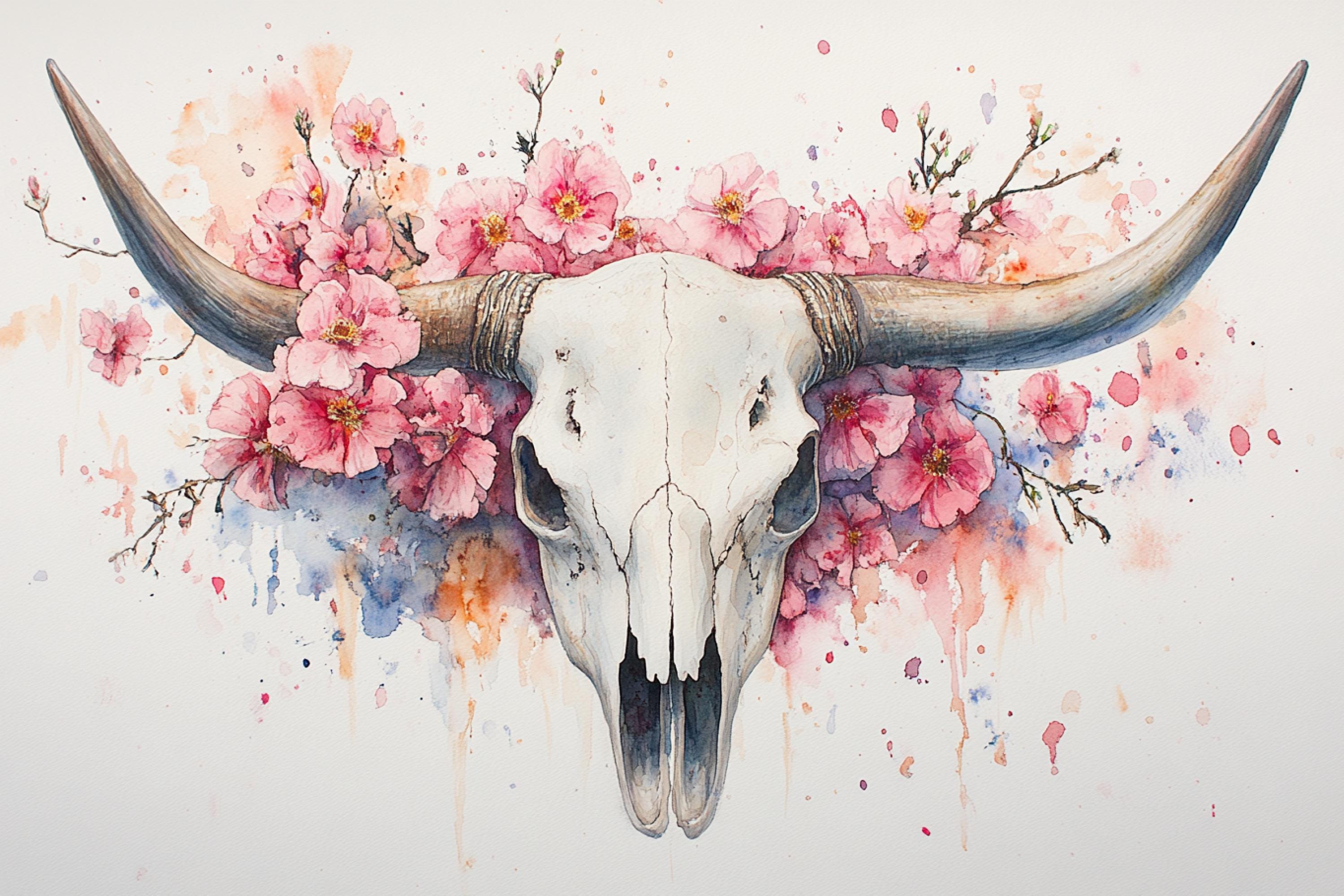 A watercolor painting depicting a white skull with large curved horns, surrounded by pink flowers and branches.