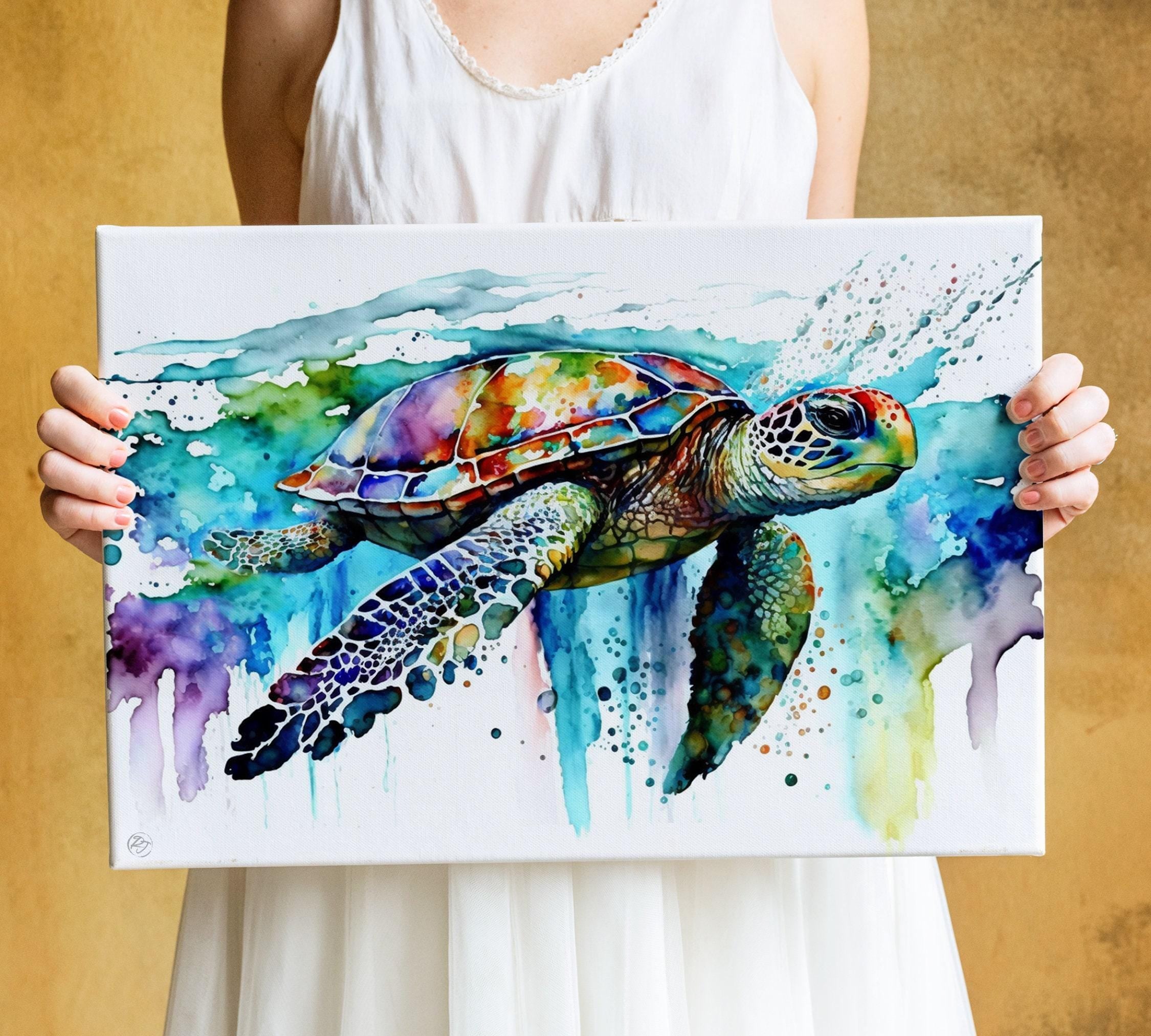 Coastal Serenity: Watercolor Sea Turtle Wall Decor, Giclee Print on Canvas, Artist Paper, Watercolor Paper, Available in Extra Large Sizes