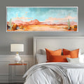a bedroom with a large painting above the bed