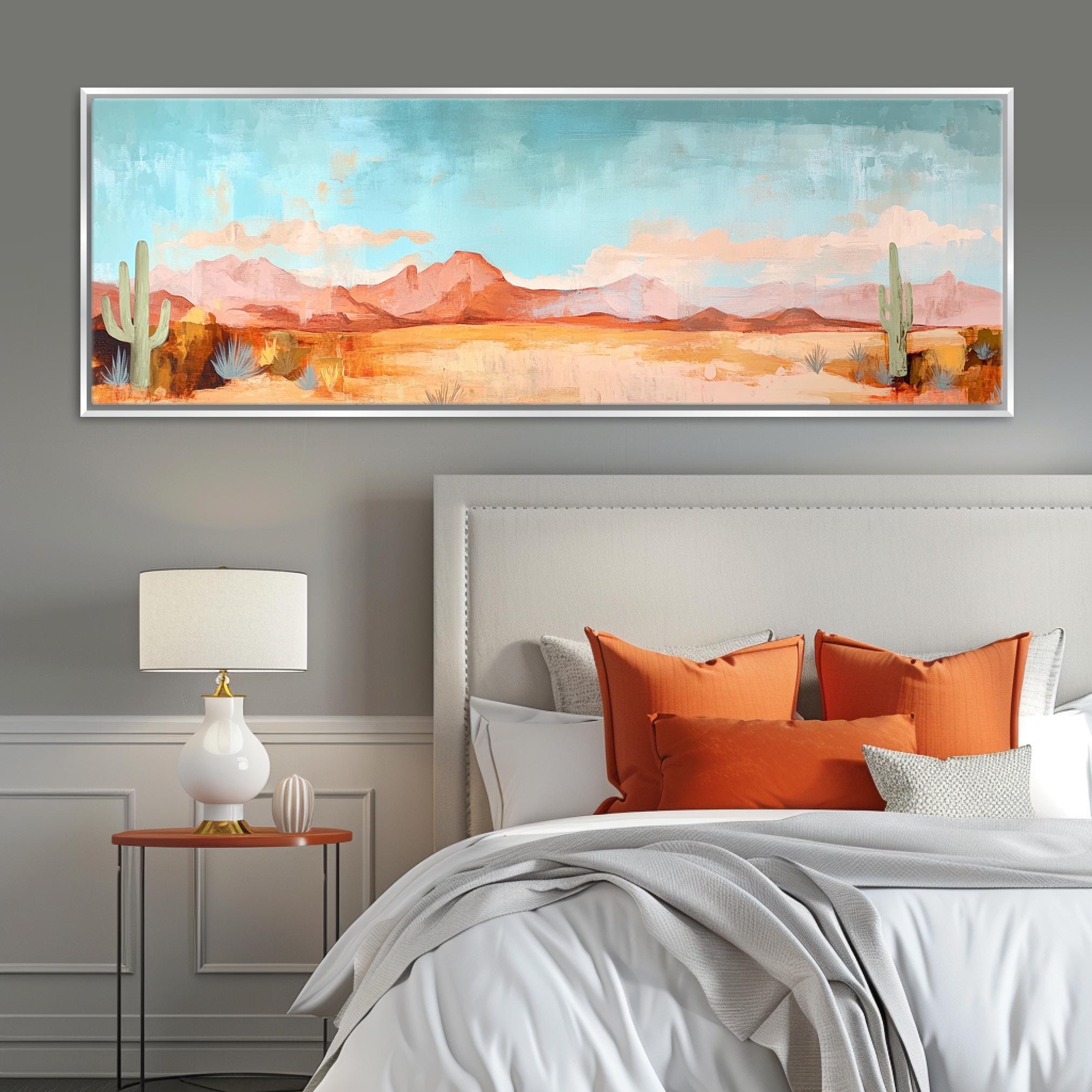 a bedroom with a large painting above the bed