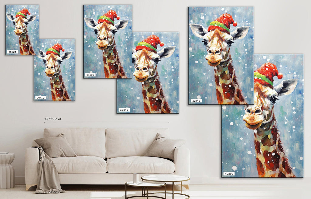 Giraffe In Santa Hat - Whimsical Christmas Canvas Art | Extra Large Gallery Wrapped Print