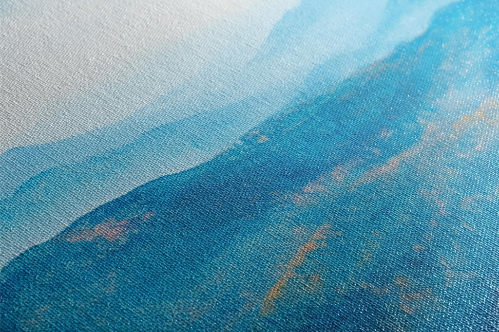 a painting of a mountain with a blue sky in the background