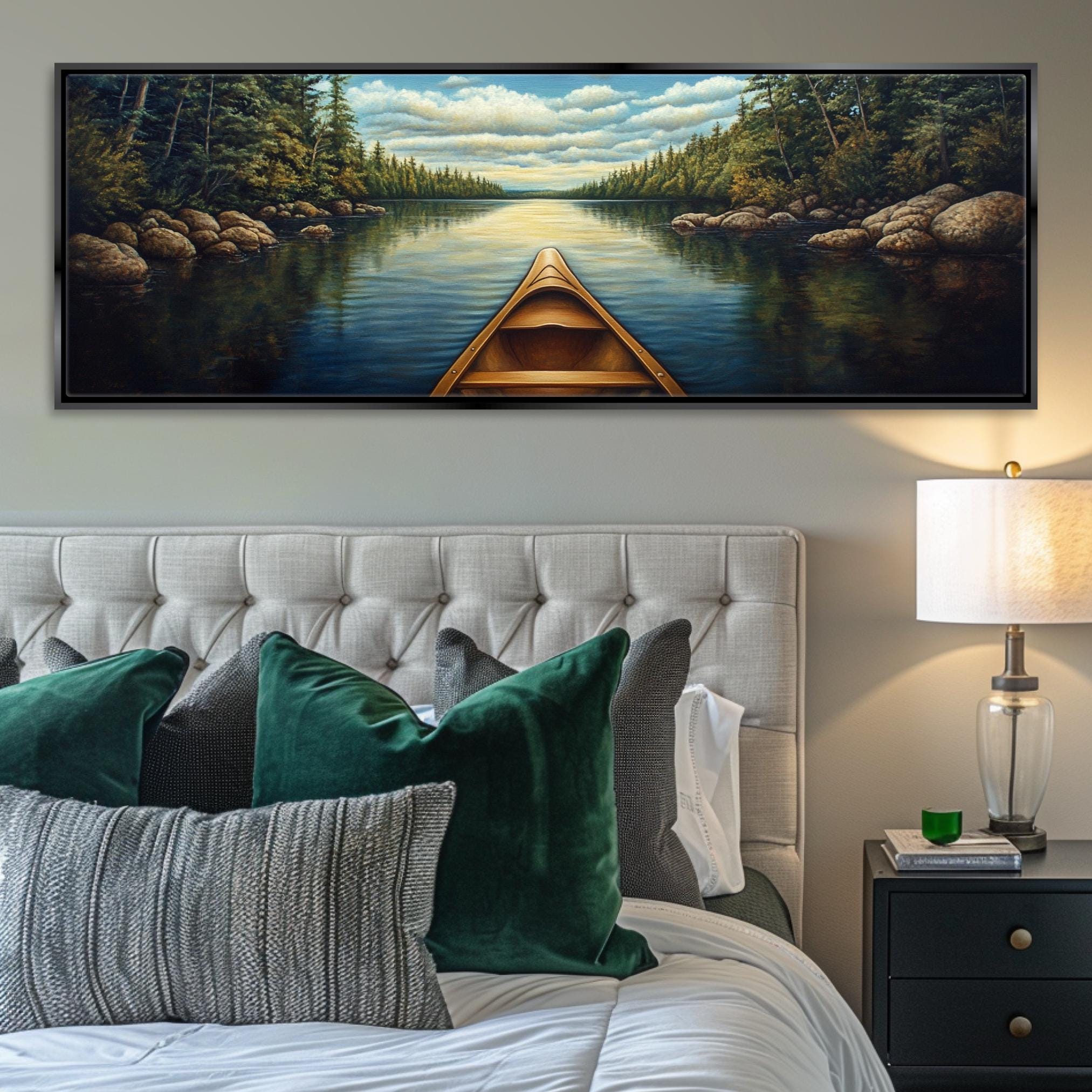 a painting of a boat floating on a lake