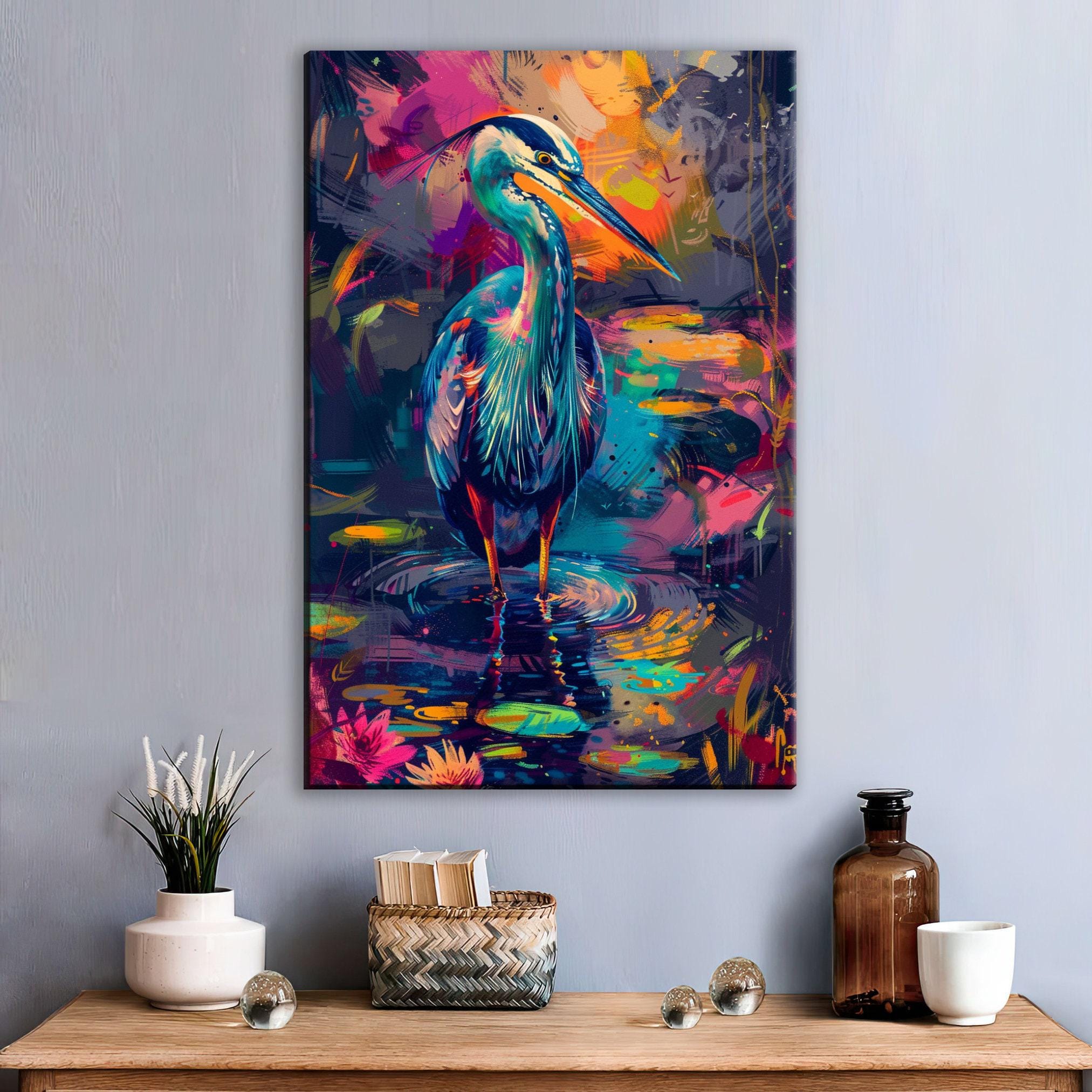 Blue Heron Canvas Art – Vibrant Wetlands Decor | Large Gallery Wrapped Canvas Print